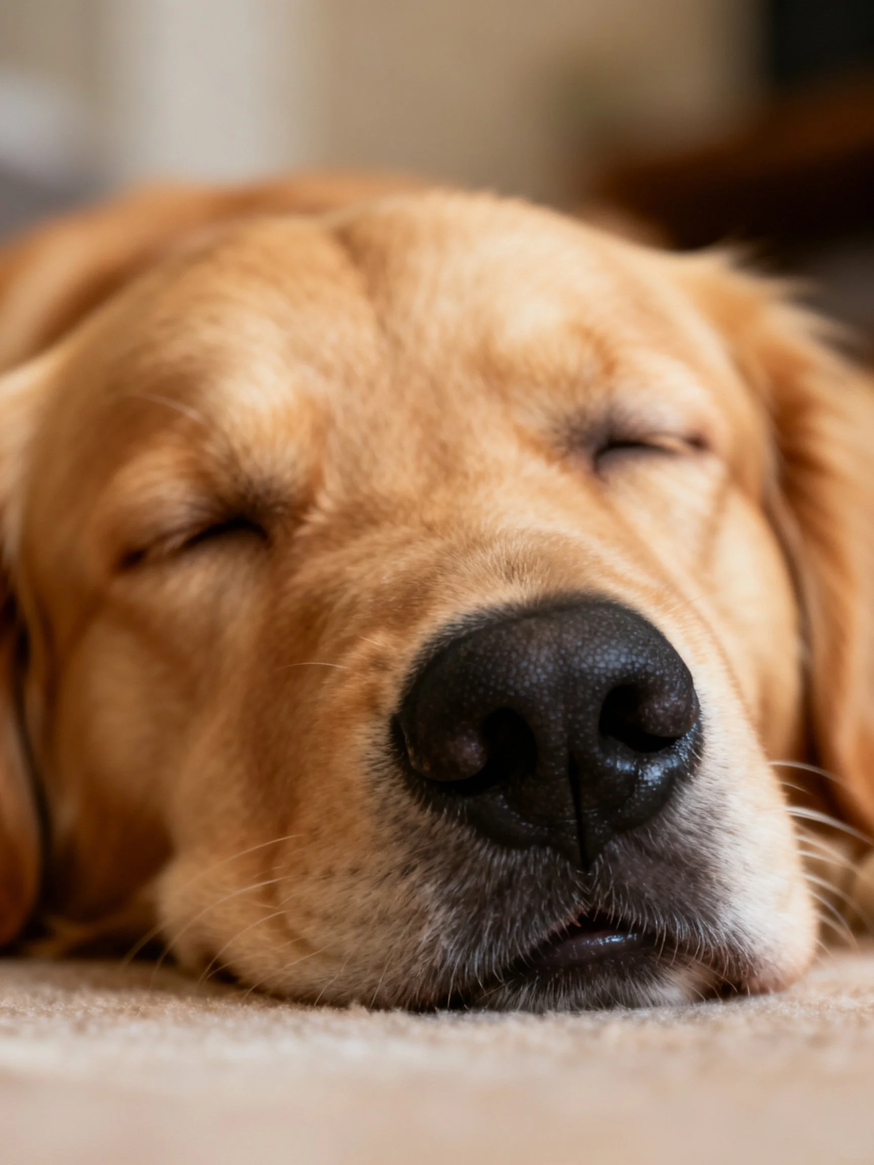 Golden retriever sleeping soundly on soft carpet