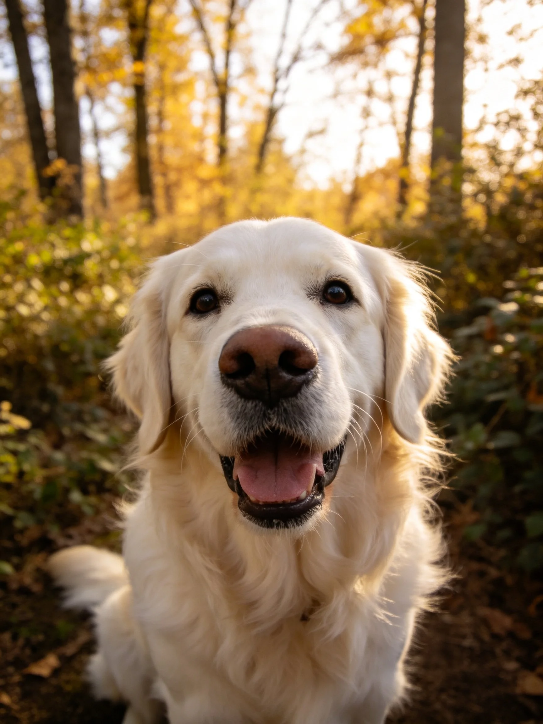 A golden retriever smiles joyfully in a sunlit autumn forest setting.