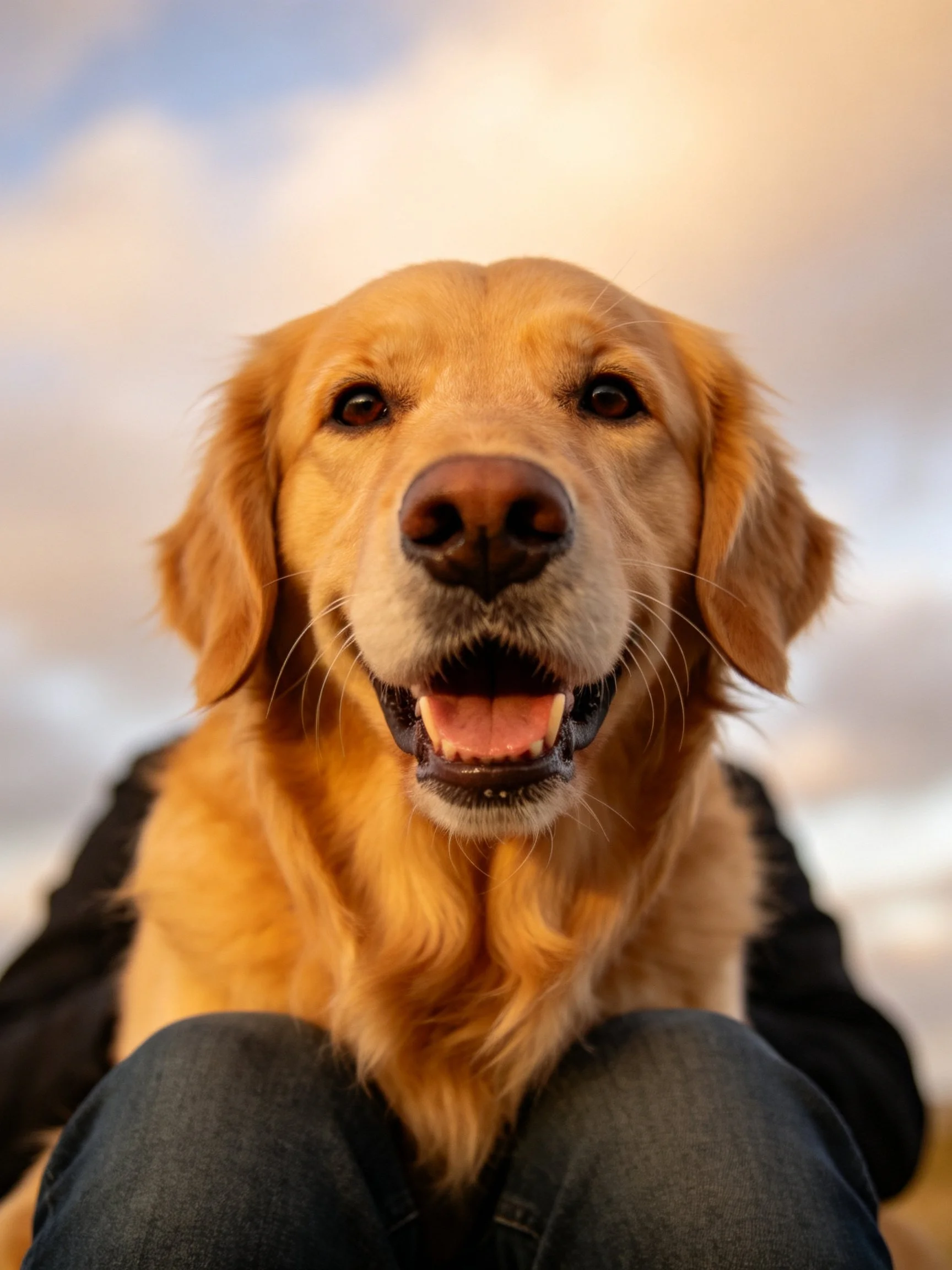 Golden retriever smiling joyfully with soft sky backdrop
