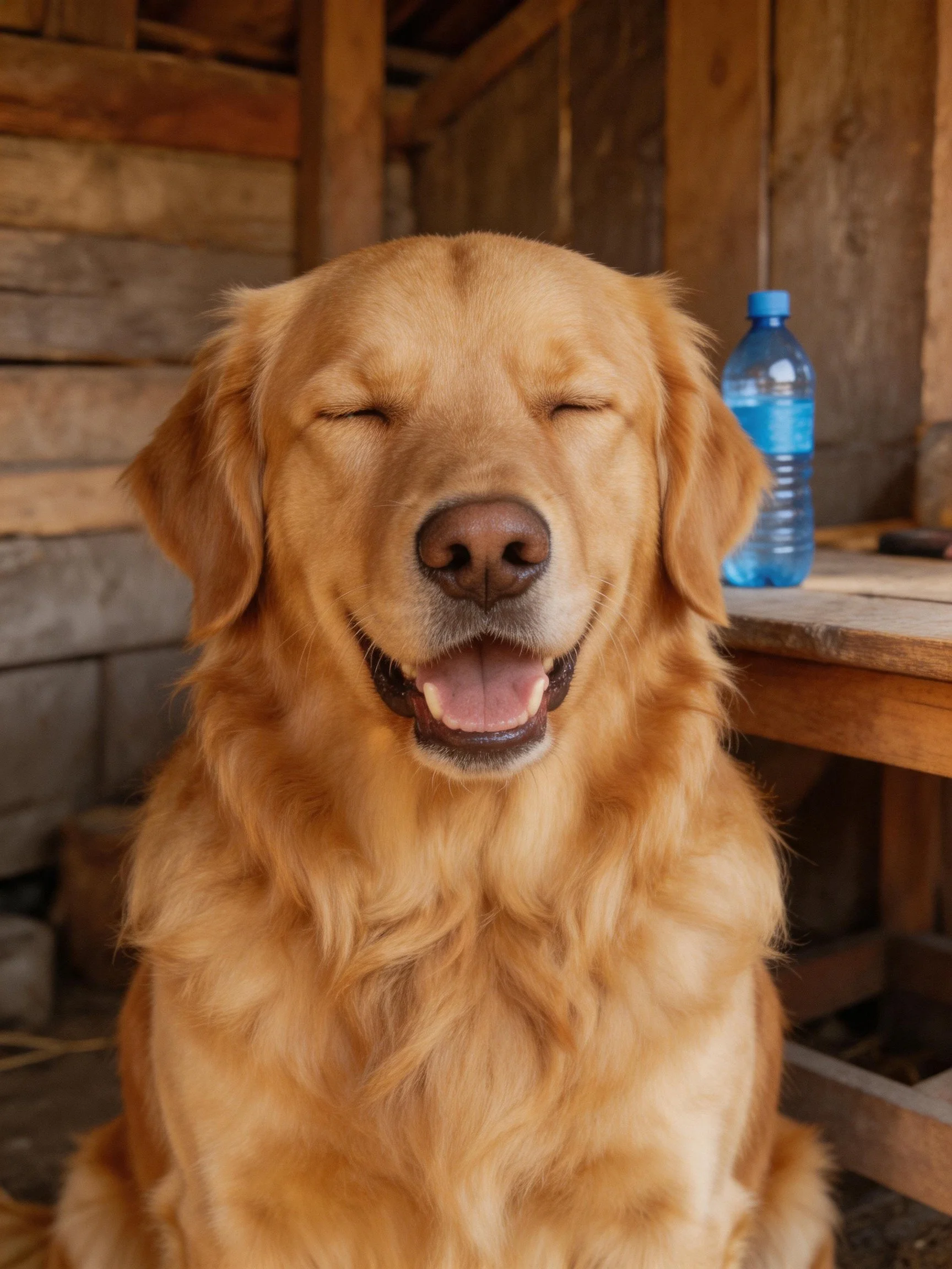 Golden retriever smiling with eyes closed near wooden cabin
