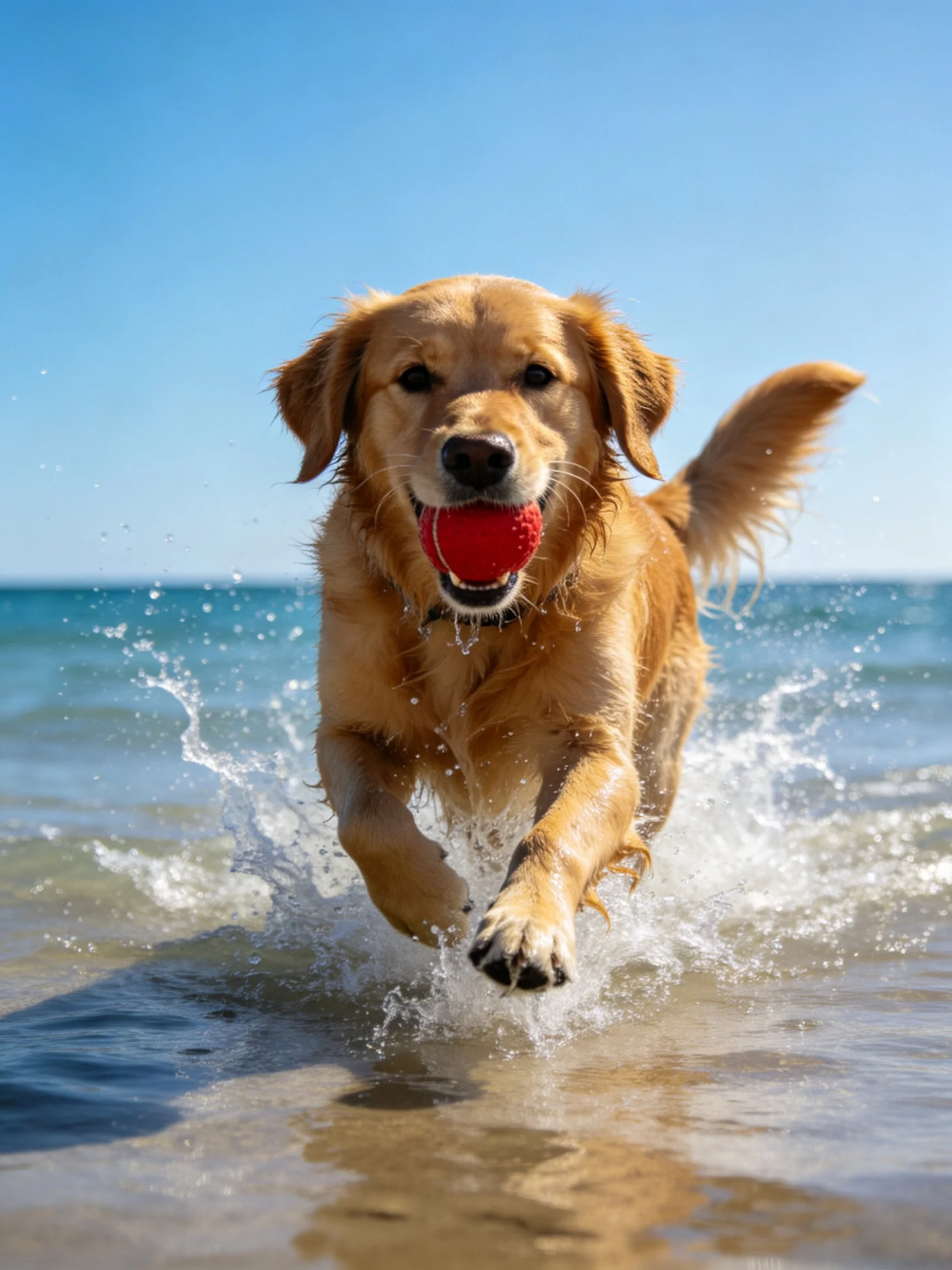 Golden retriever sprinting through ocean waves with red ball