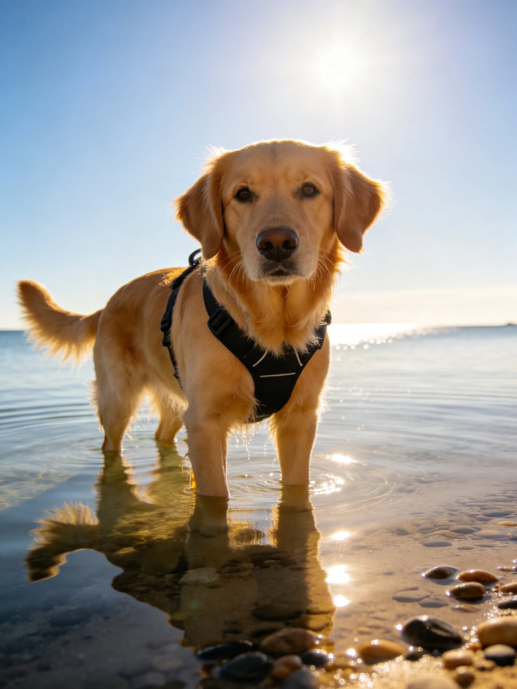 Golden retriever standing in shallow ocean water near pebbly shores under bright sunlight
