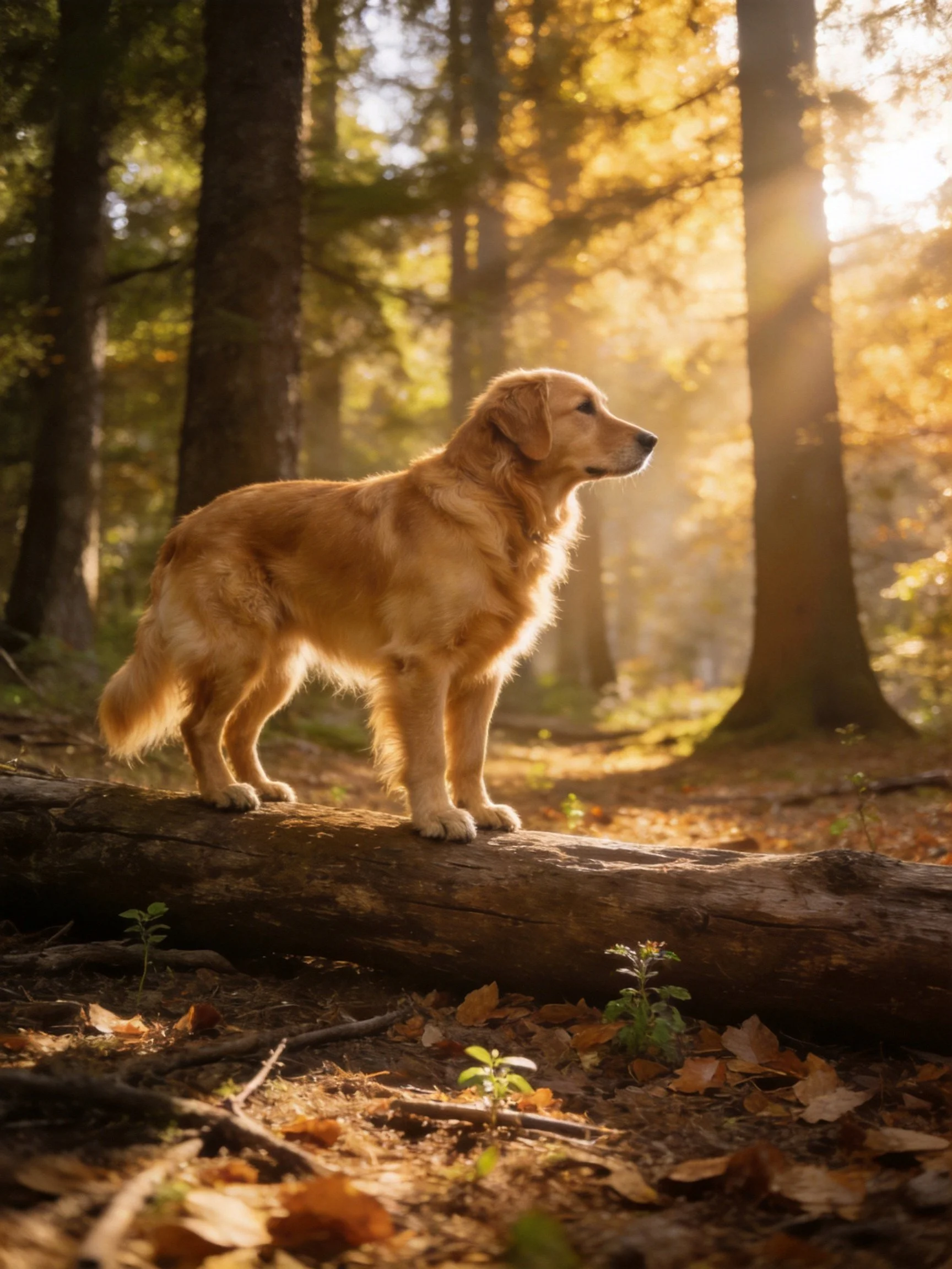 A golden retriever stands atop a fallen log in a sunlit woodland setting.