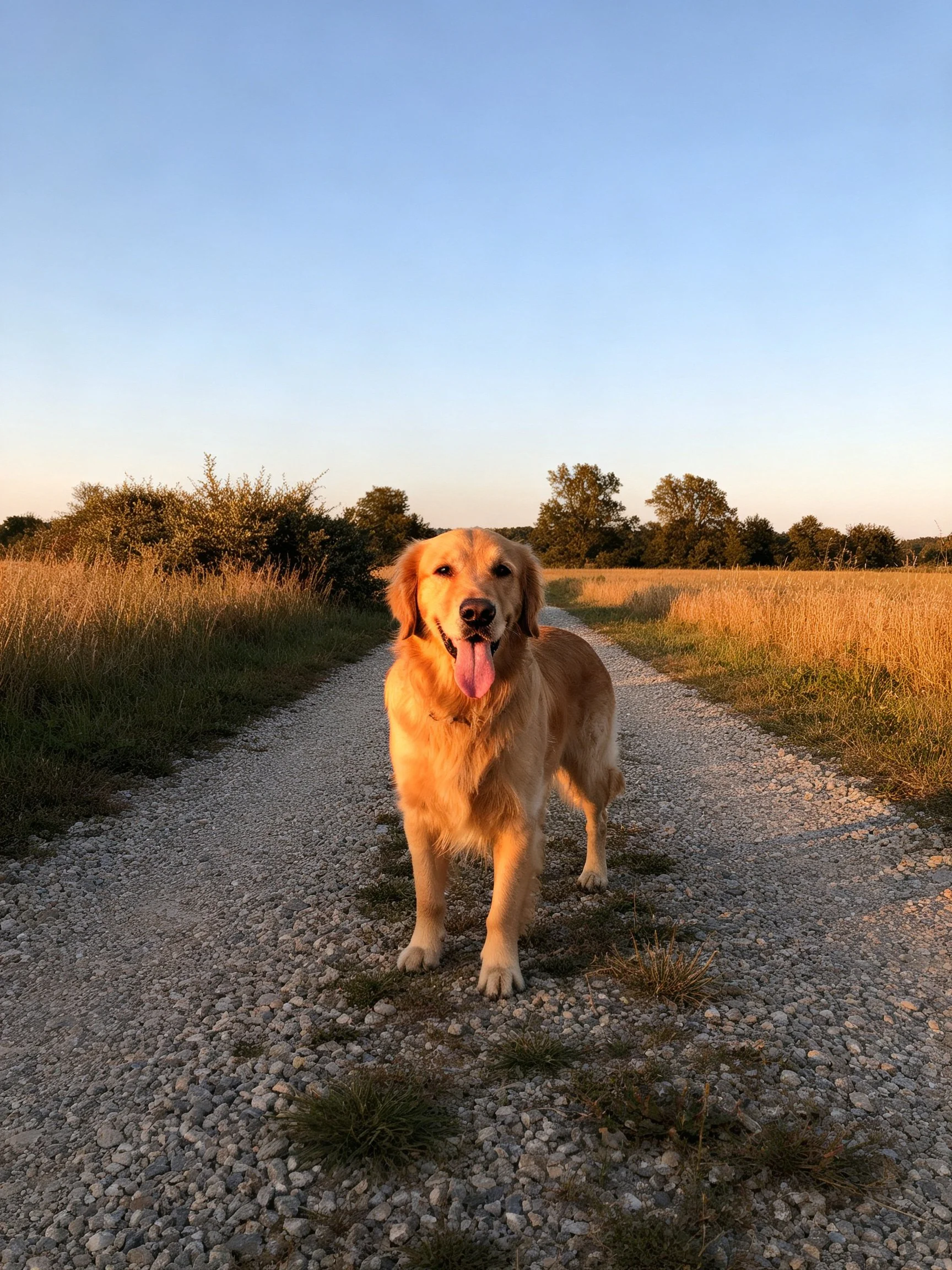 Golden retriever standing on a gravel path during golden hour