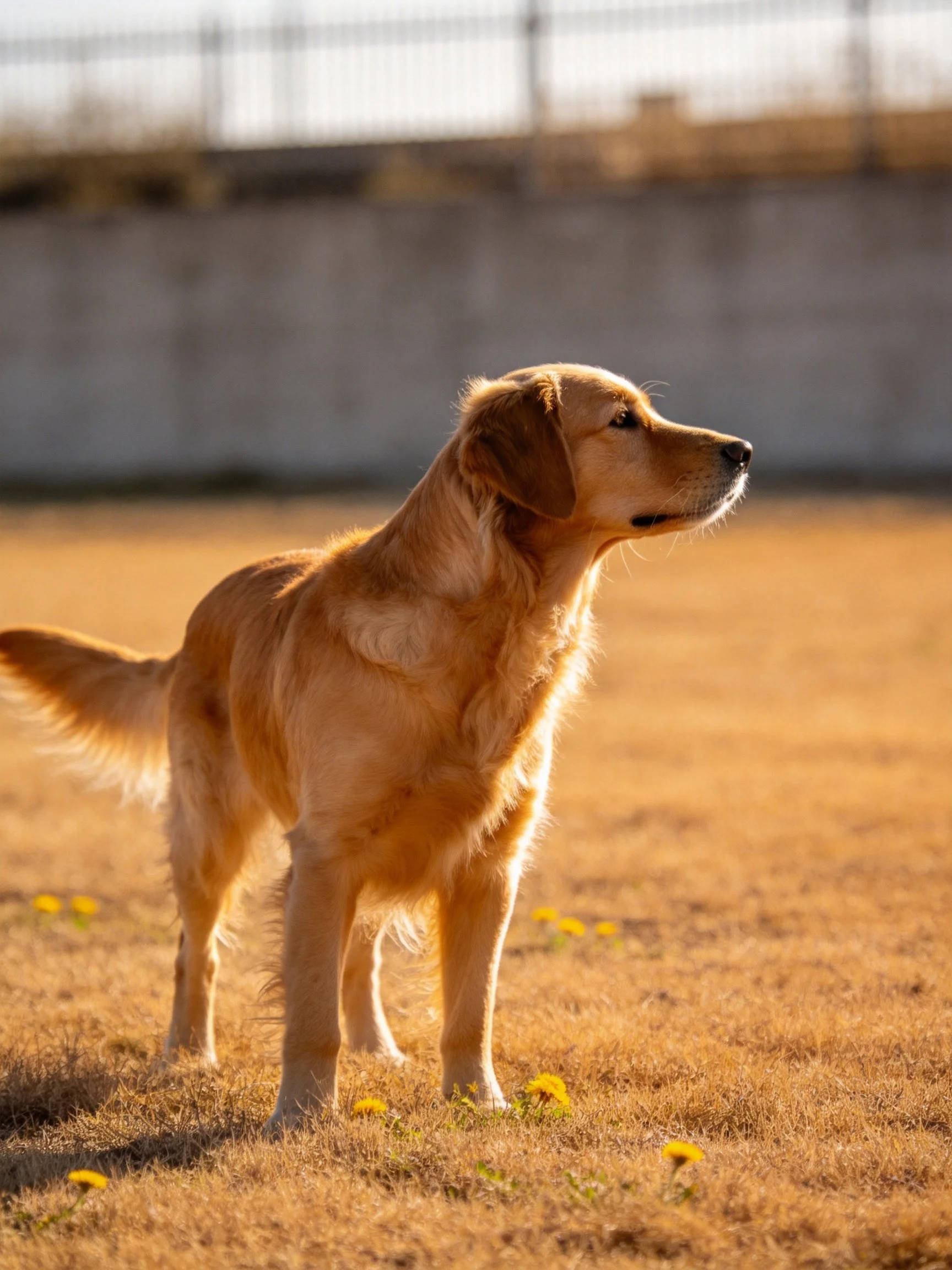 A golden retriever stands attentively on dry grass in a sunlit open area.