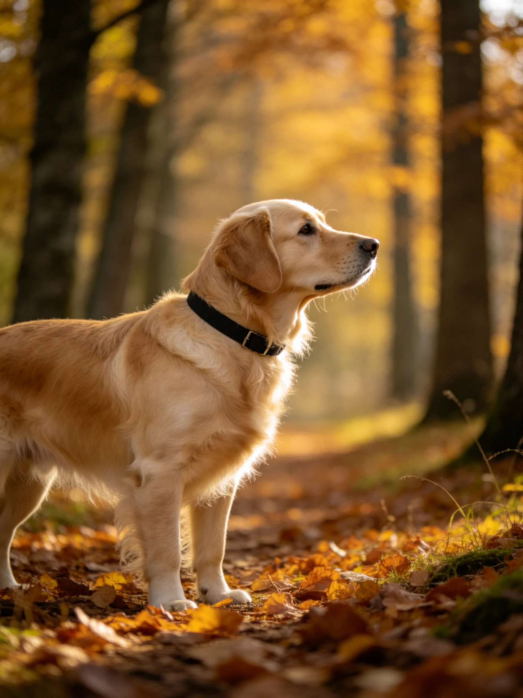 A golden retriever stands alert amid fallen autumn leaves in a sunlit woodland area.