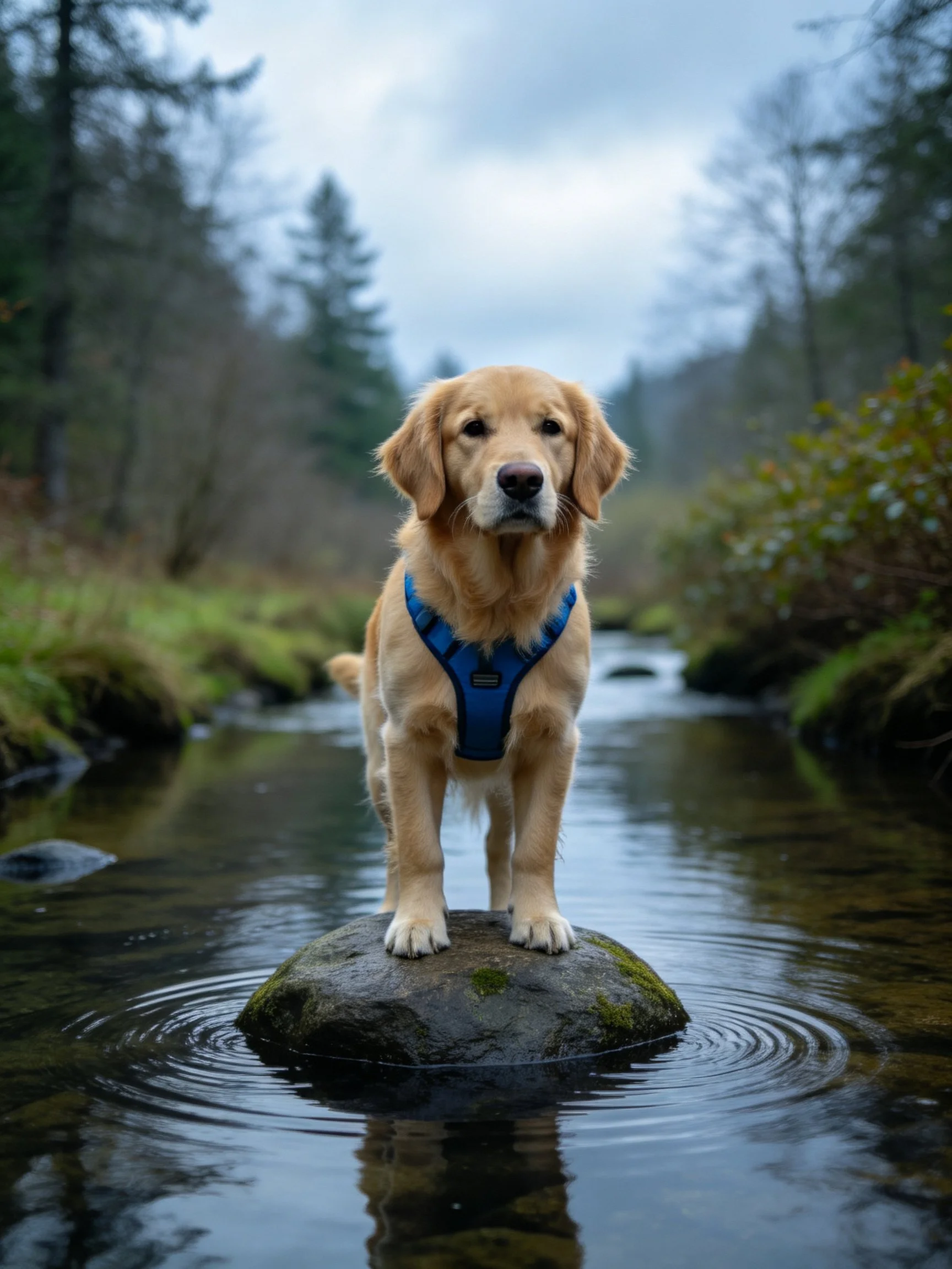 A golden retriever stands on a moss-covered rock in a calm forest stream.