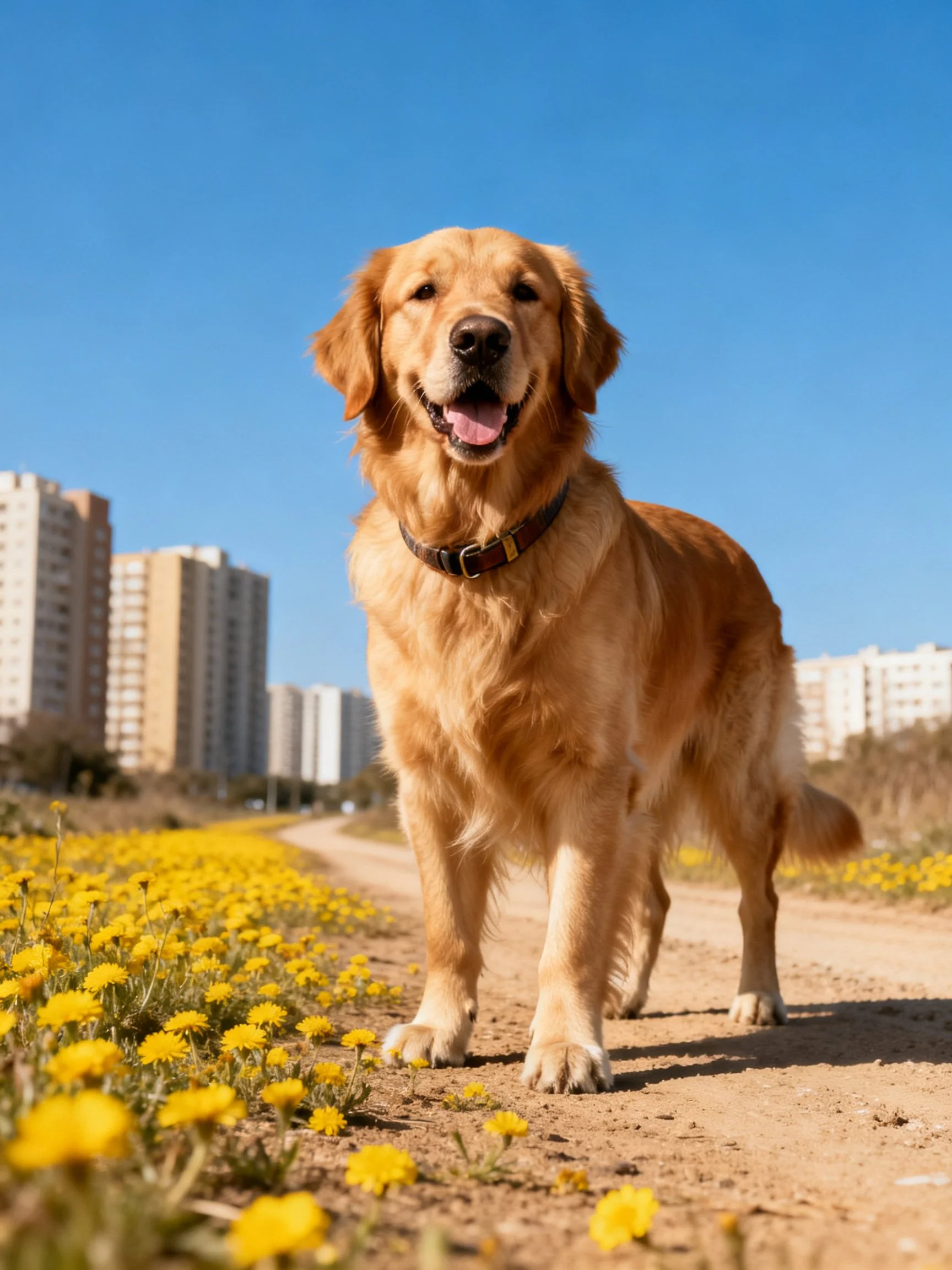 A golden retriever stands on a dirt path surrounded by yellow flowers with city buildings in the background.