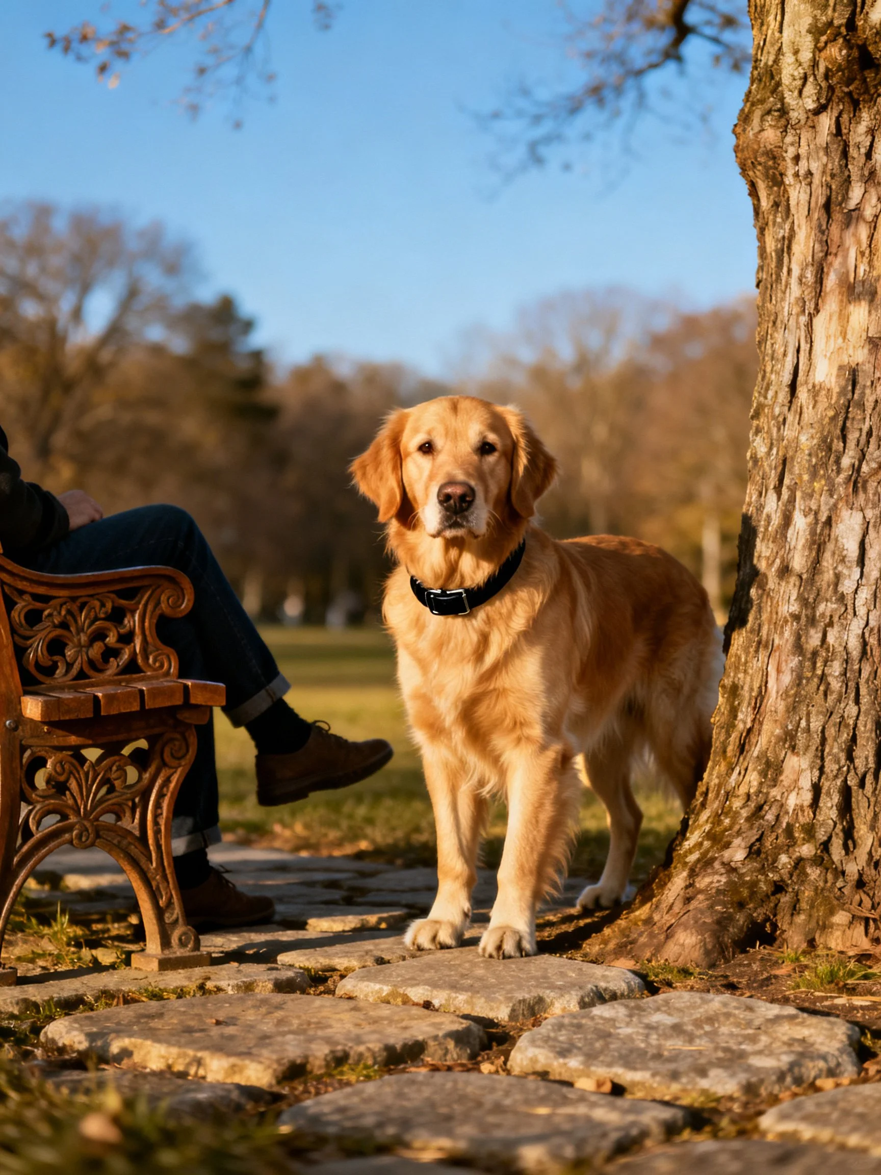 A golden retriever stands near a large tree next to someone on a bench in a sunny park.
