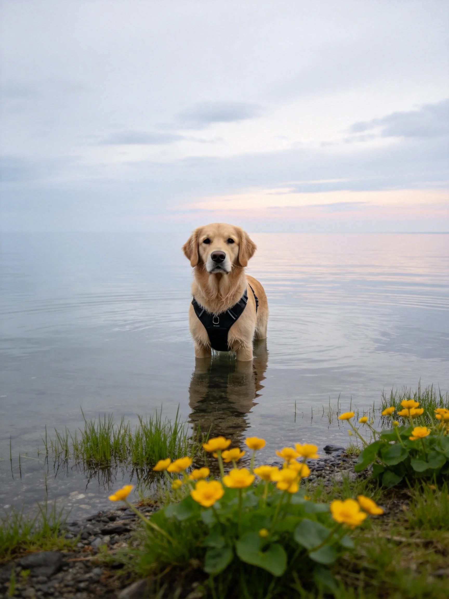 A golden retriever stands in calm water beside yellow flowers.