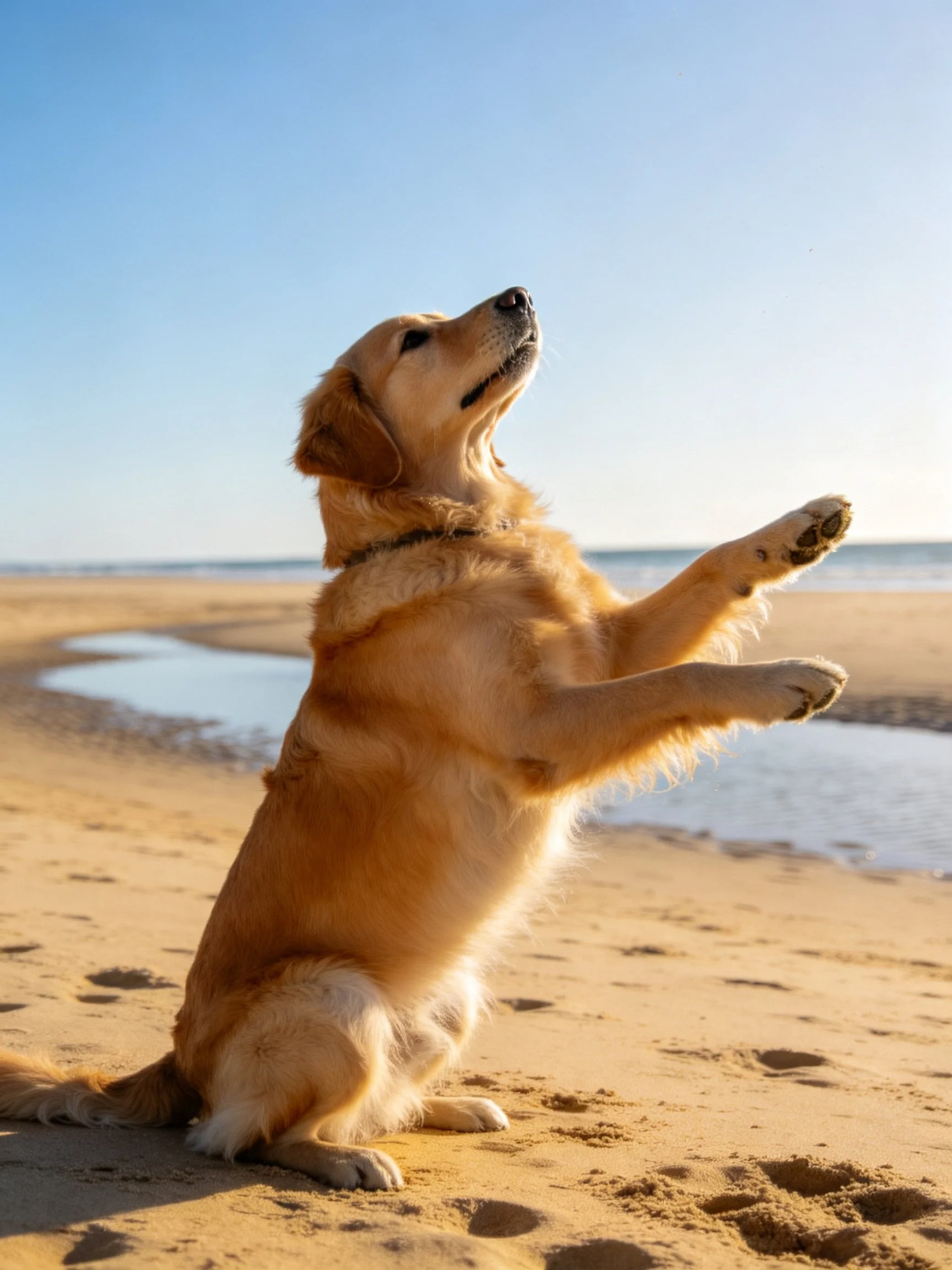 Golden retriever stands on hind legs at sunny sandy beach