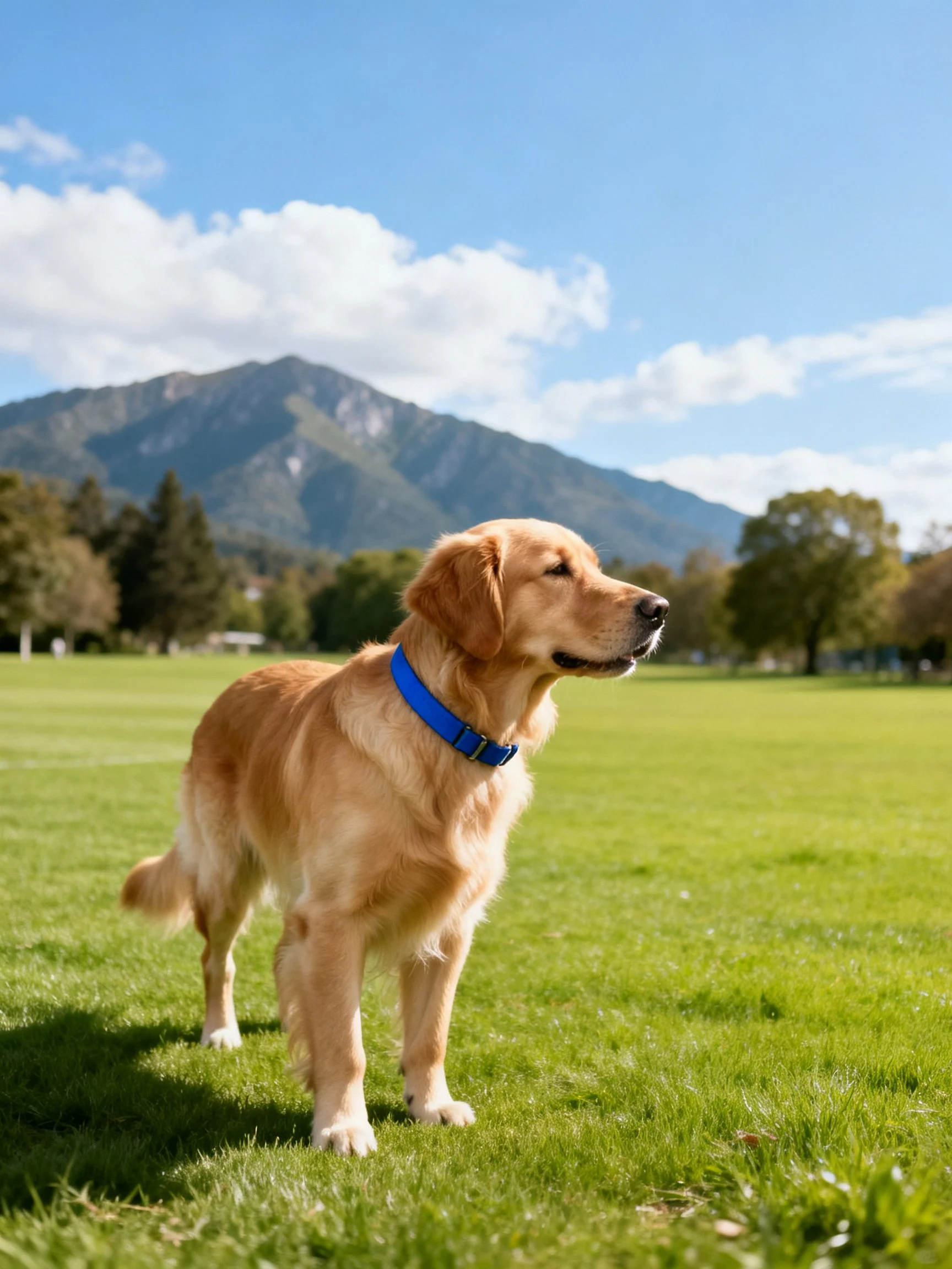 A golden retriever stands on grass with a mountainous landscape behind.