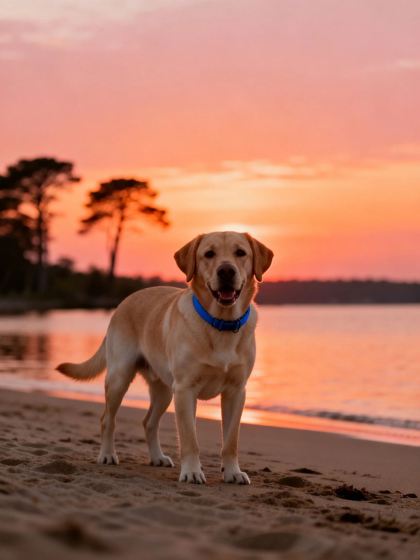 A golden retriever enjoys a peaceful moment on a sandy beach during sunset.