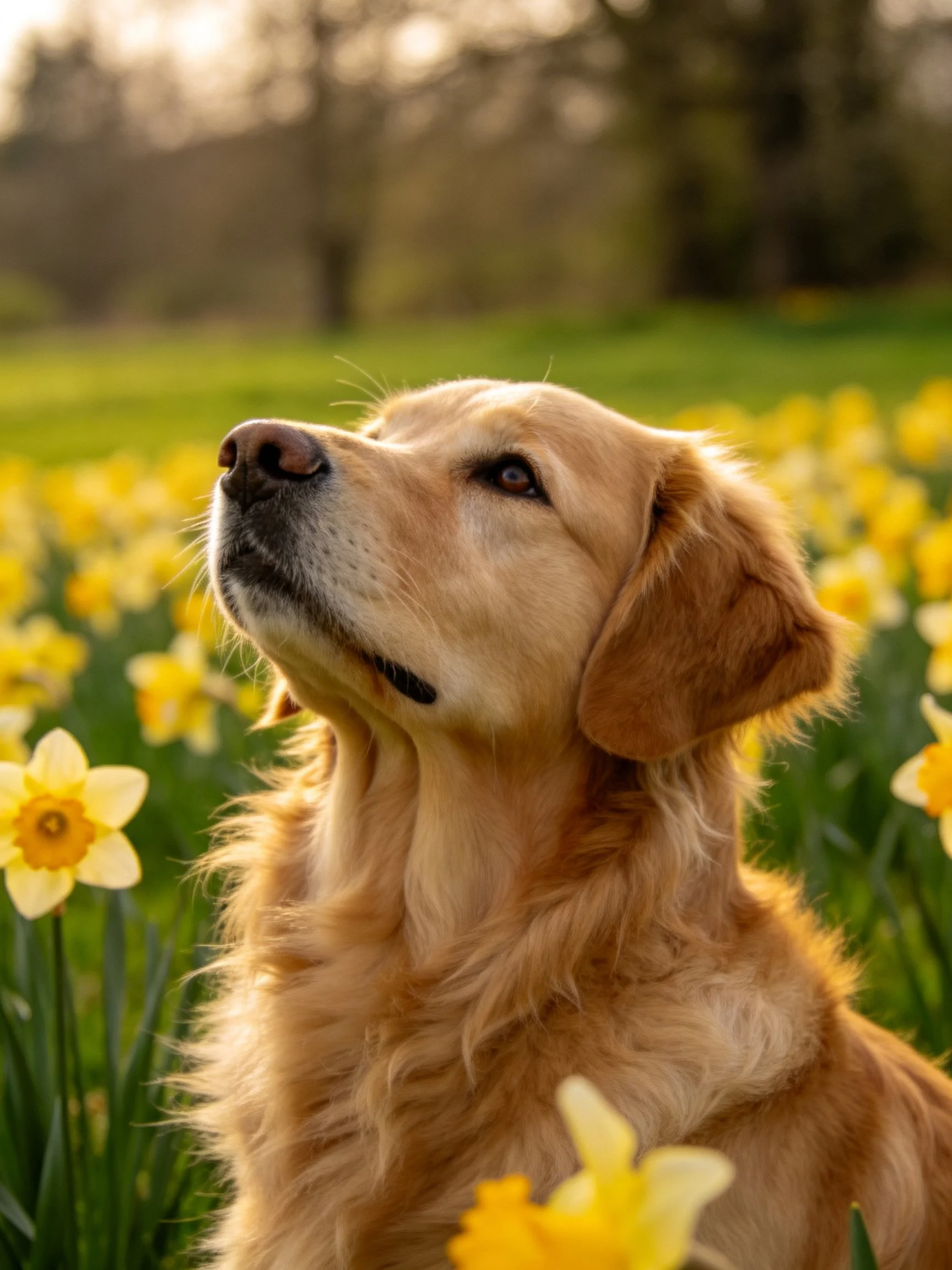 A golden retriever stands among a field of bright yellow flowers in a sunlit outdoor area.