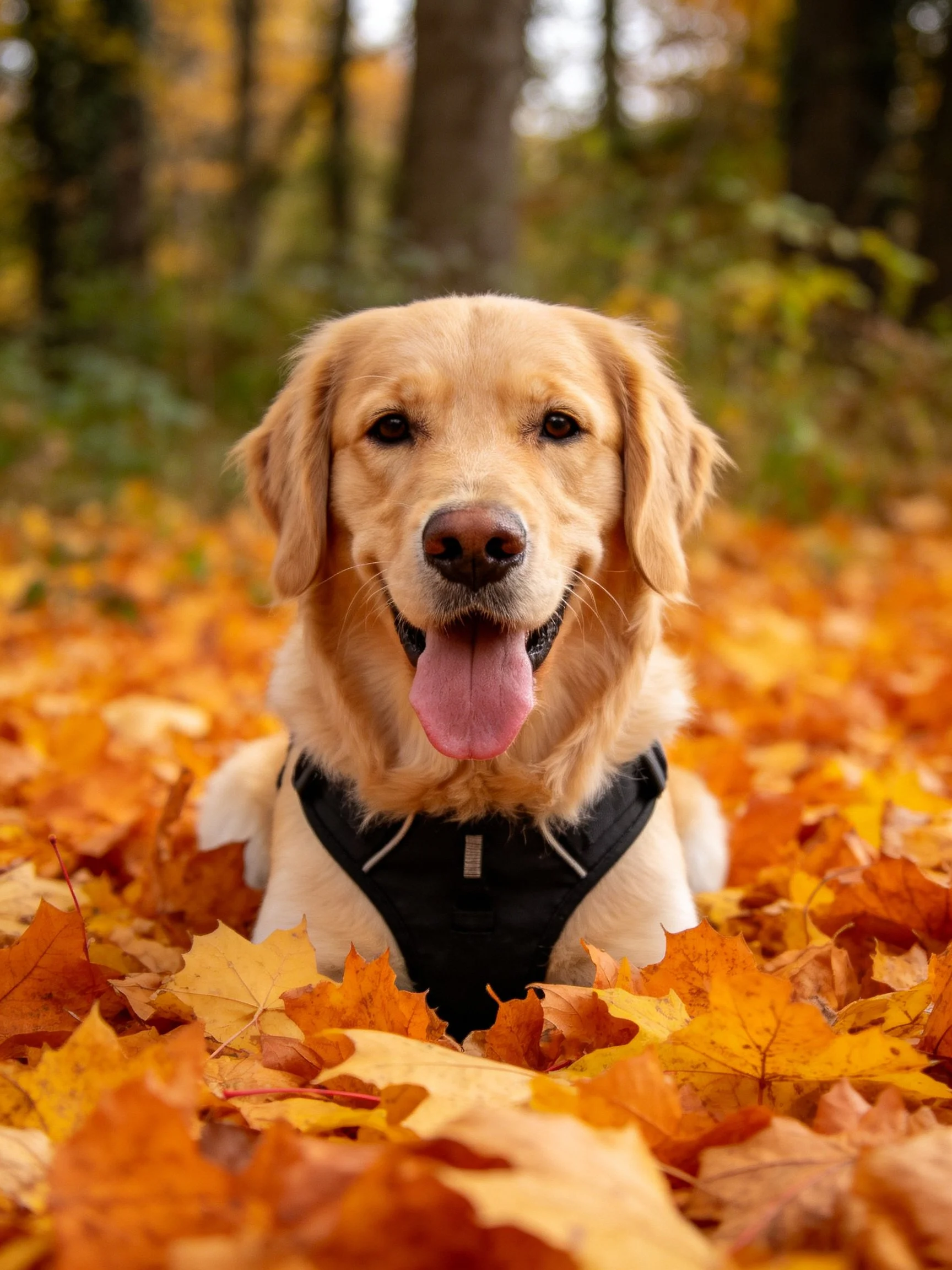 Golden retriever enjoys colorful autumn leaves in a forest.