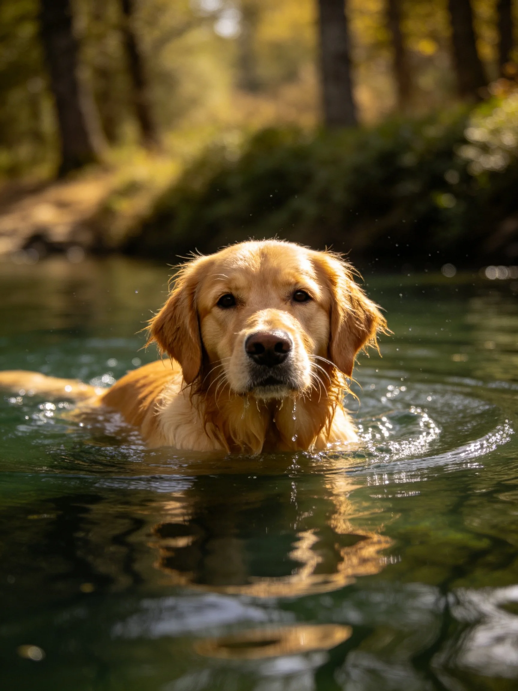 Golden retriever swimming in a clear forest stream