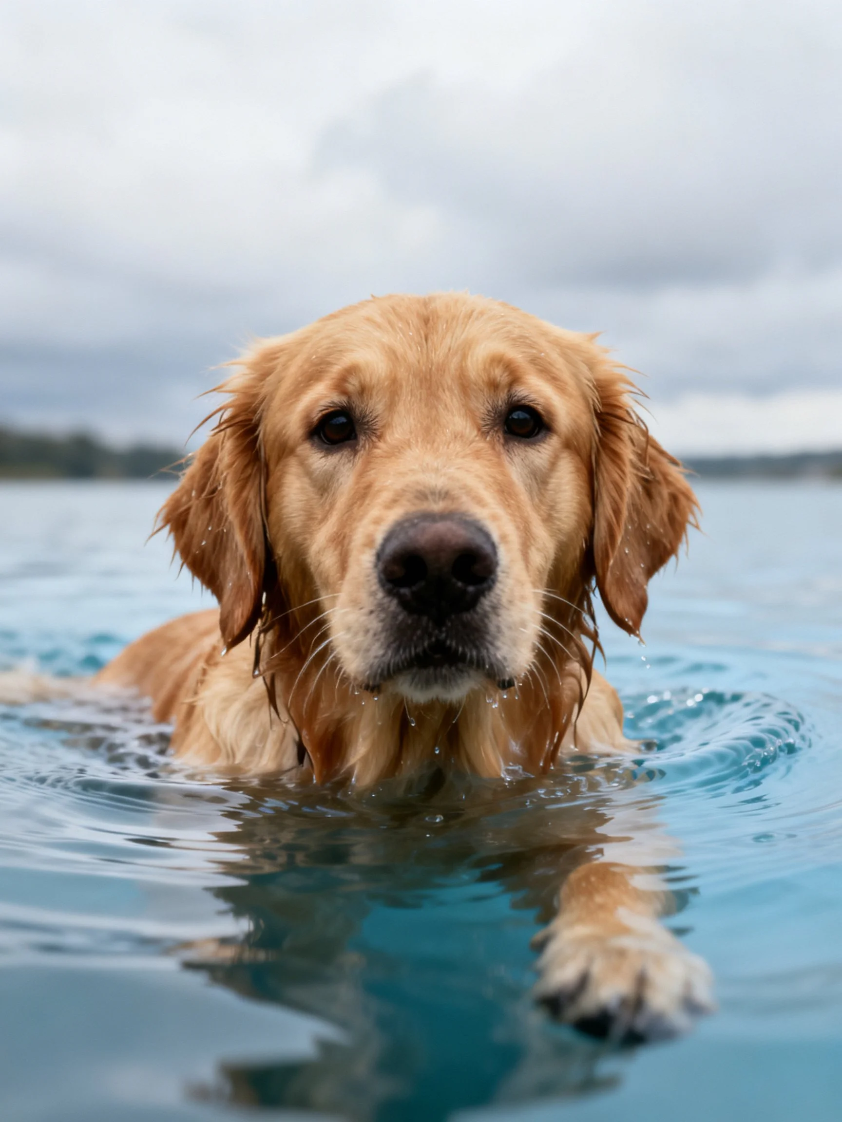 Golden retriever swimming in calm blue water