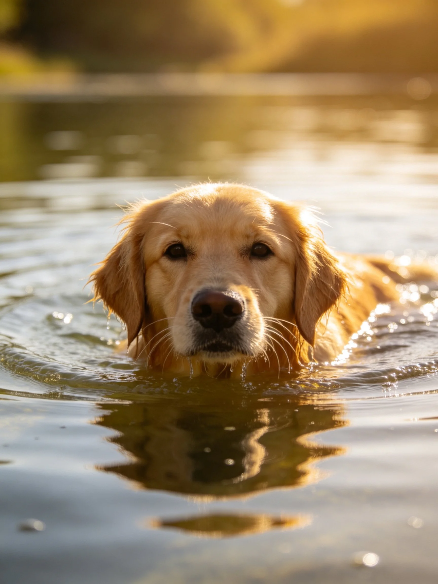Golden retriever swimming in calm water bathed in golden sunlight