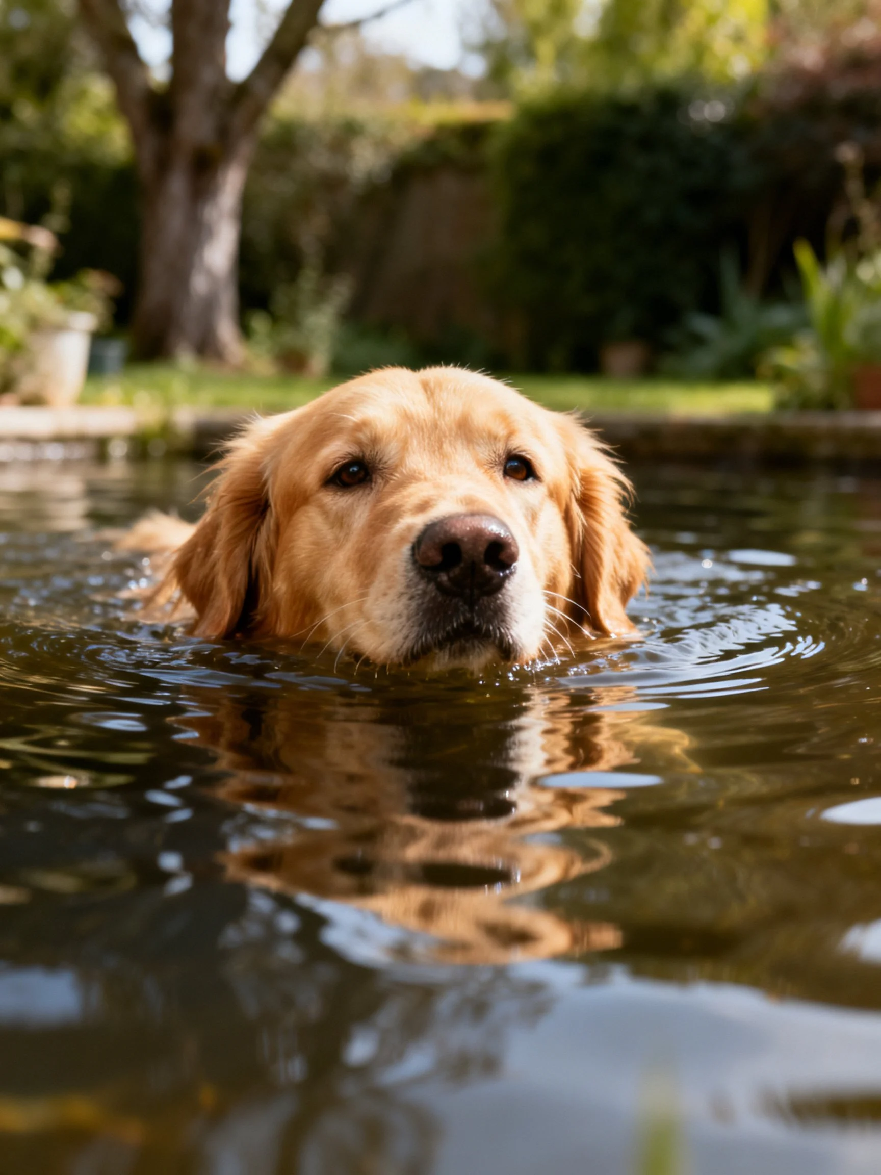 Golden retriever swimming in calm water near lush greenery
