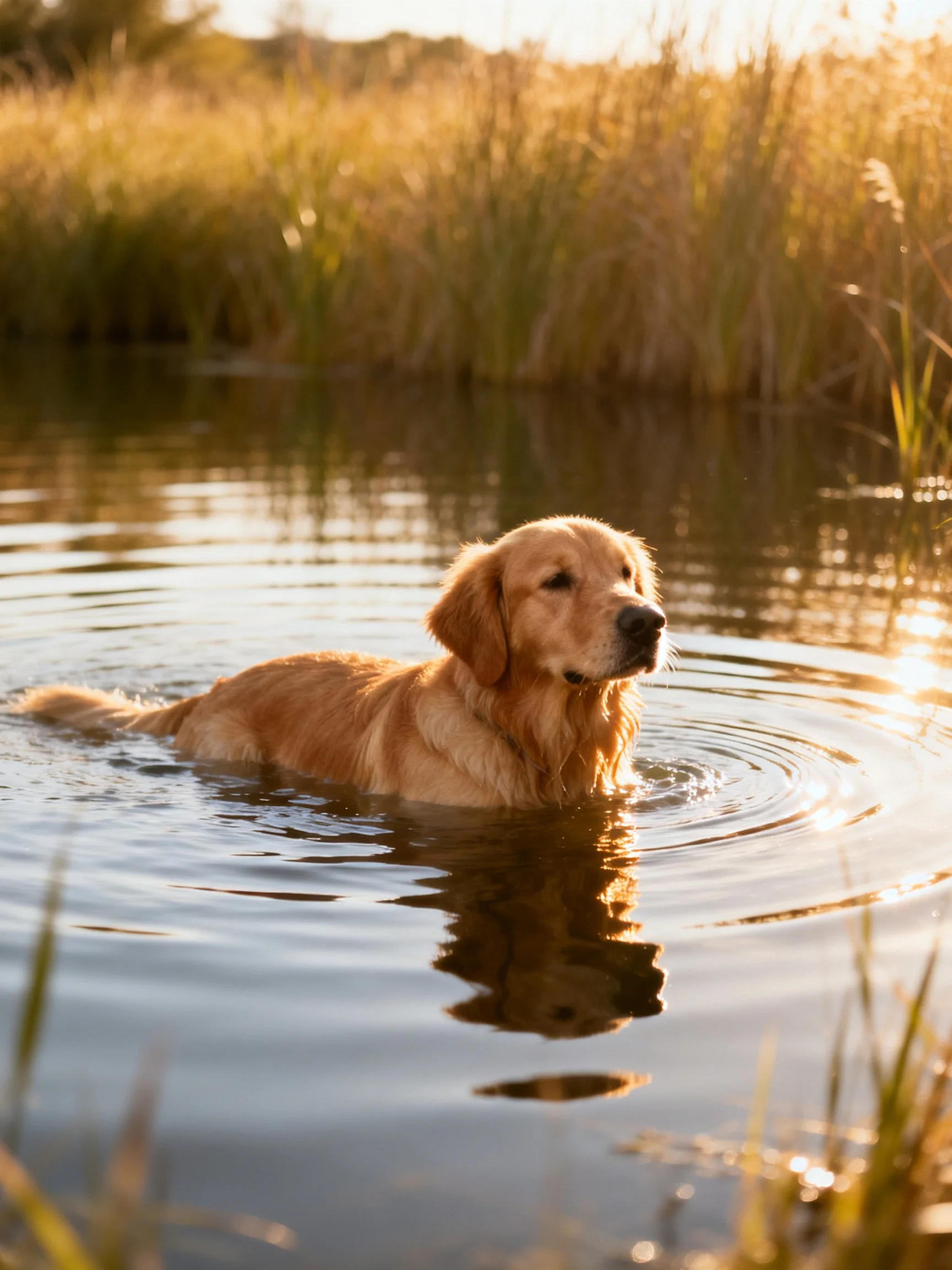 Golden retriever swimming in calm water near tall golden reeds
