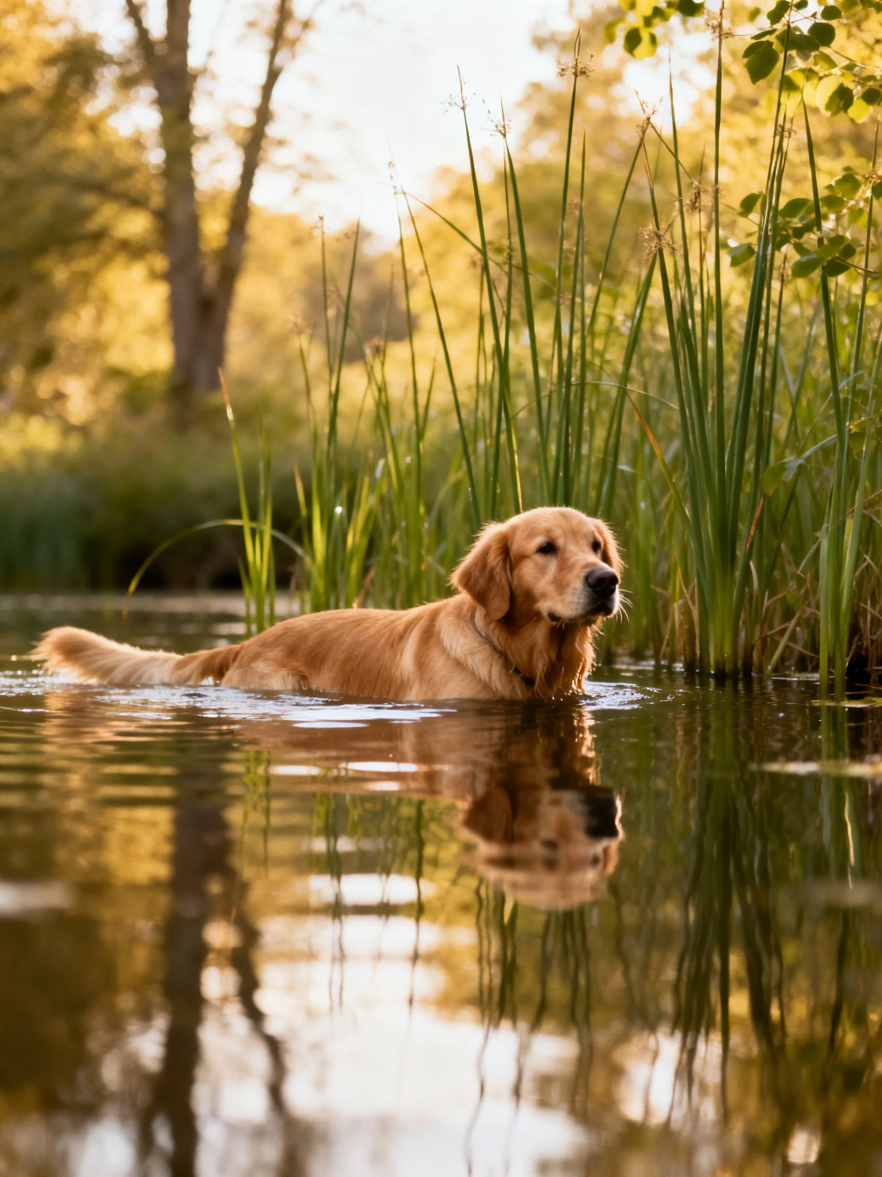 Golden retriever swimming in calm waters near tall green reeds