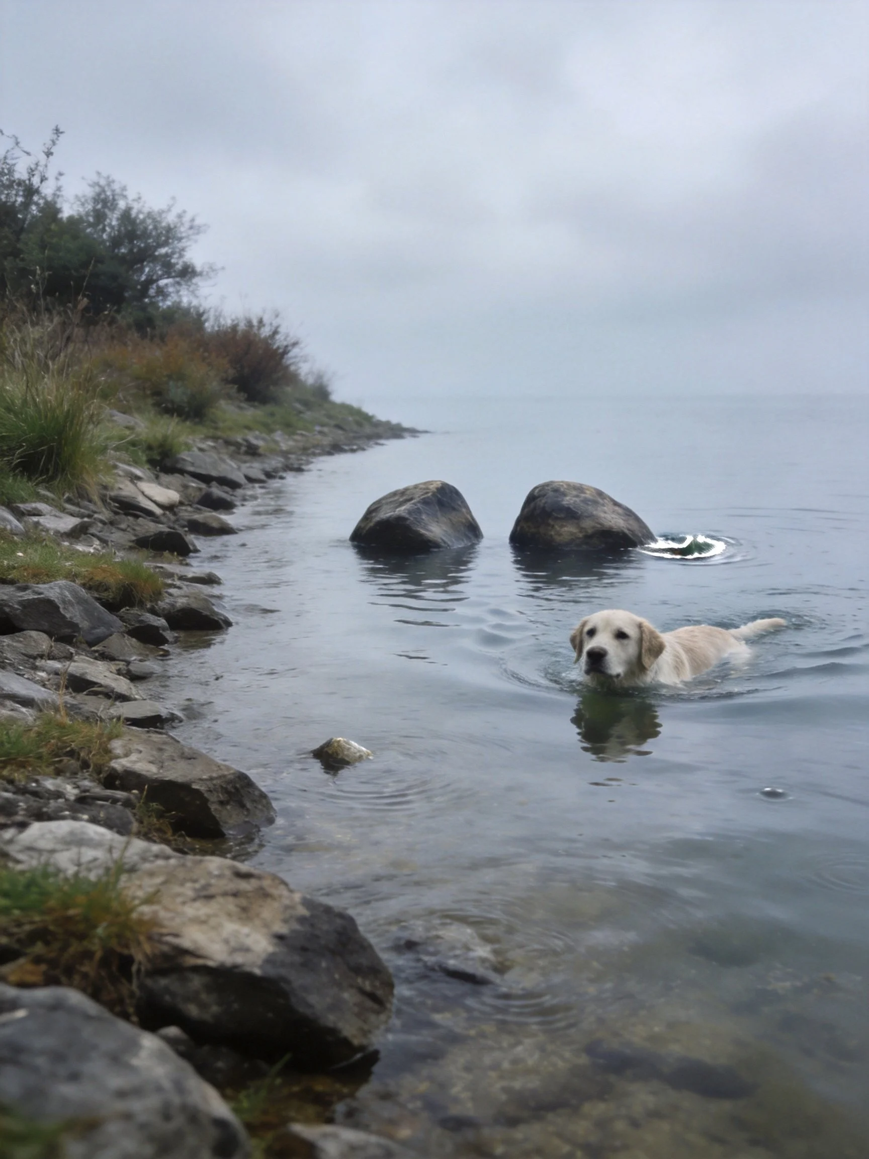Golden retriever swimming near two large rocks by a rocky shore