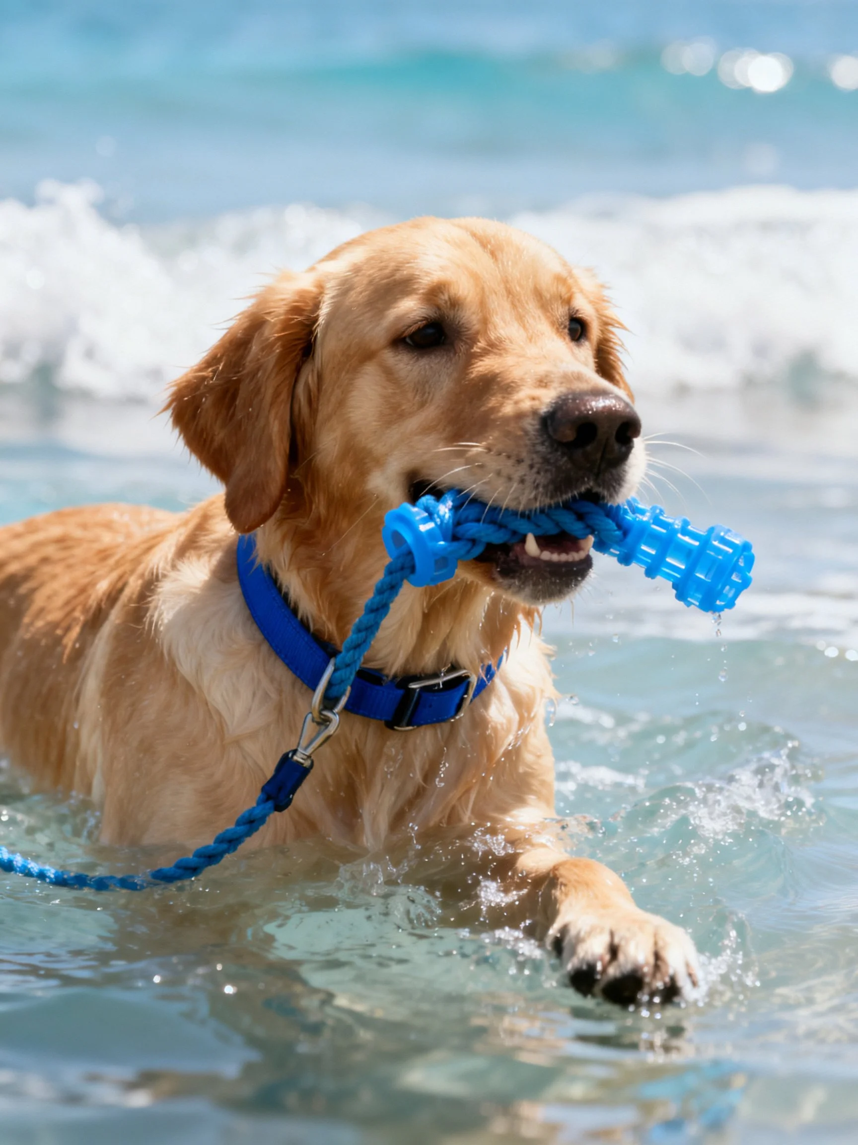 Golden retriever swimming with blue rope toy in ocean waves