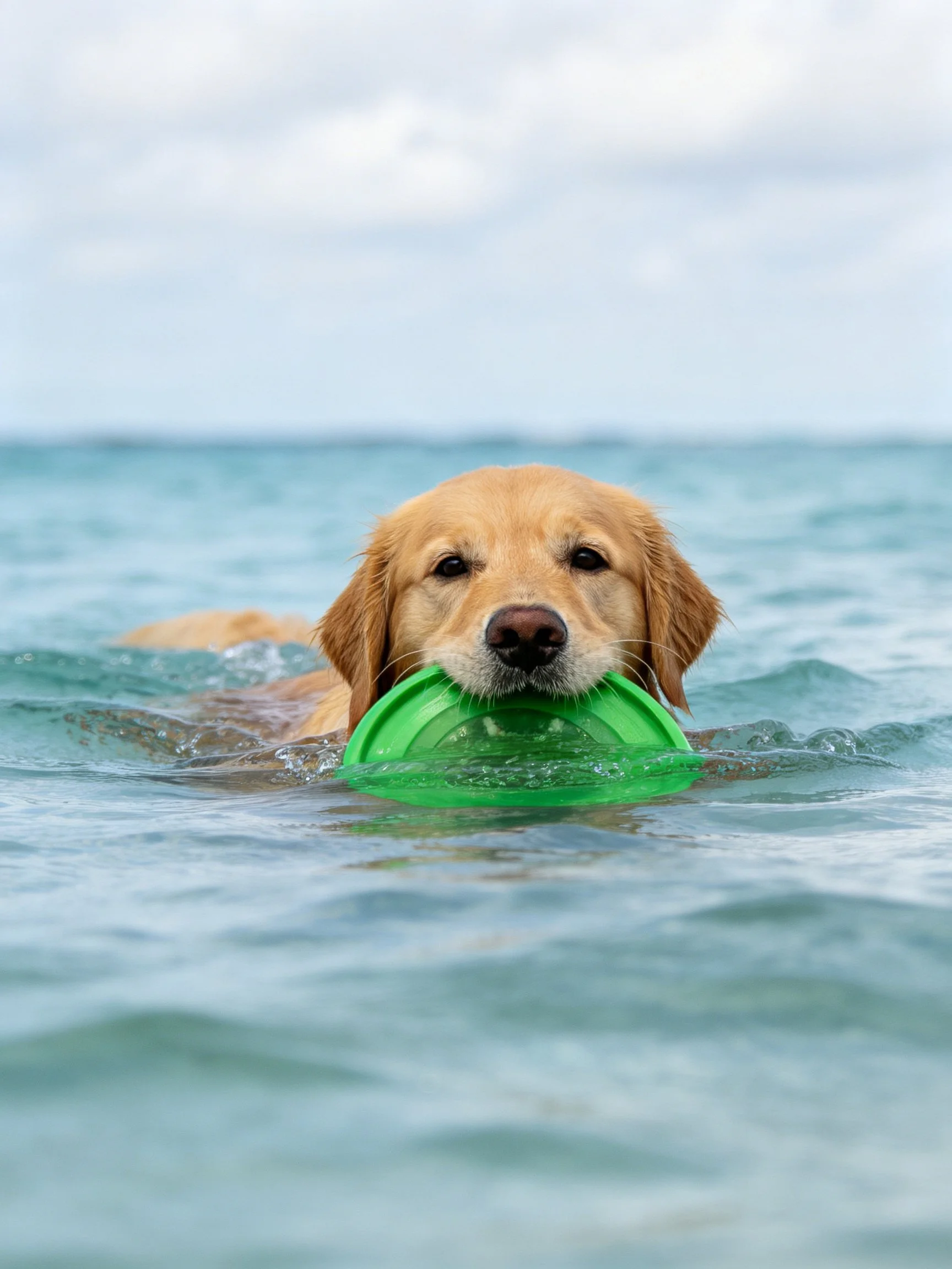 A golden retriever swims in the ocean carrying a bright green frisbee.