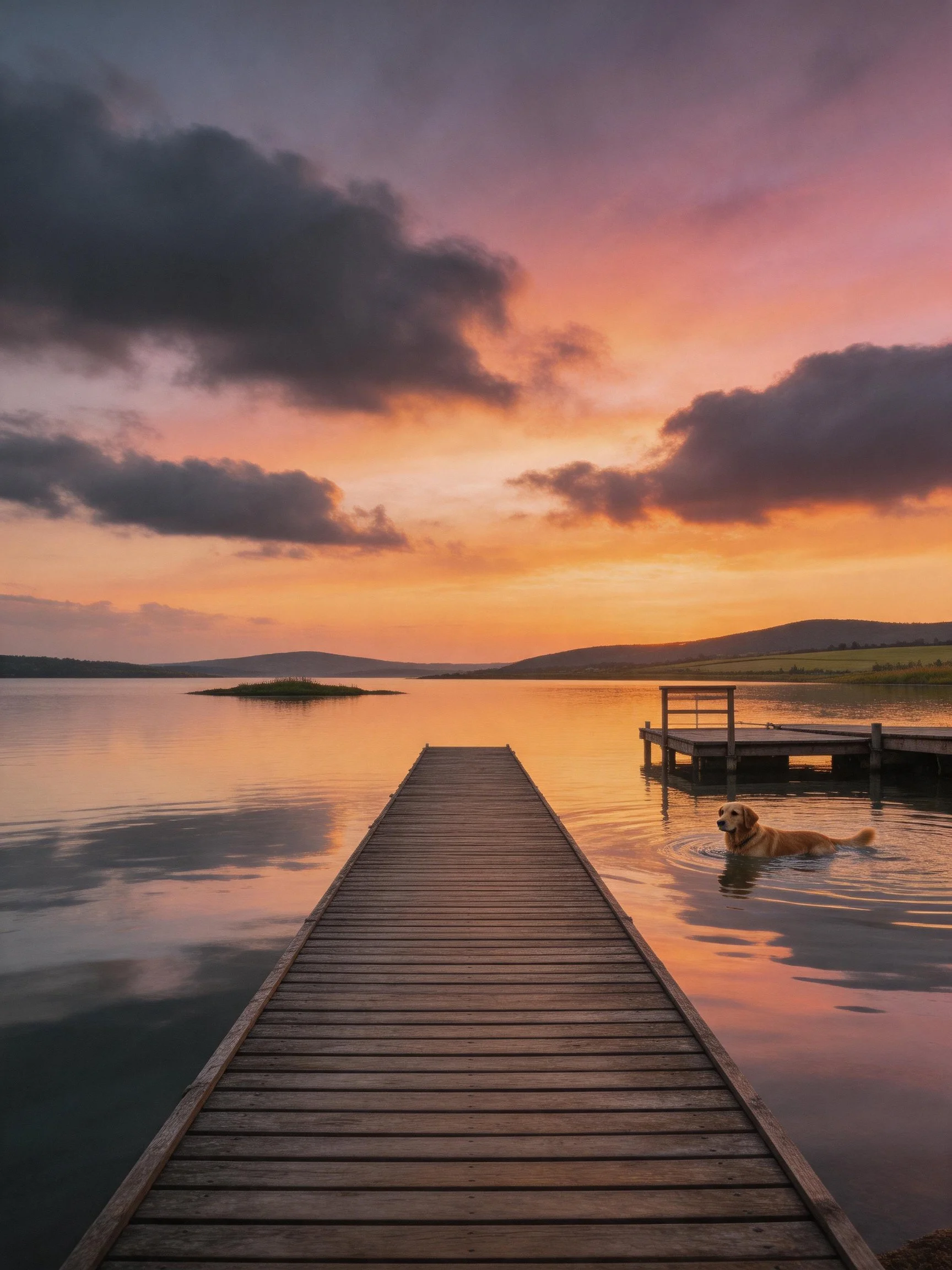 A golden retriever swims near a wooden dock as the sun sets over calm waters.