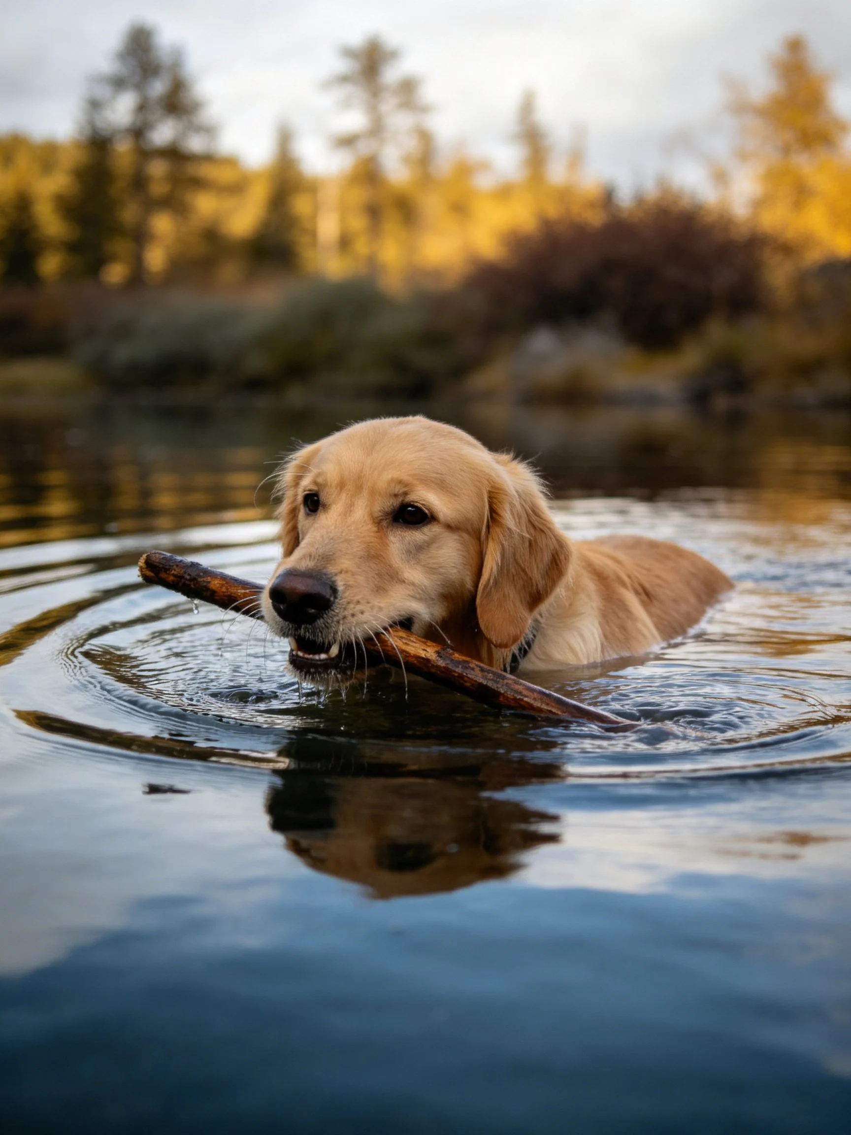 Golden retriever carries stick while swimming in calm water near autumn trees.