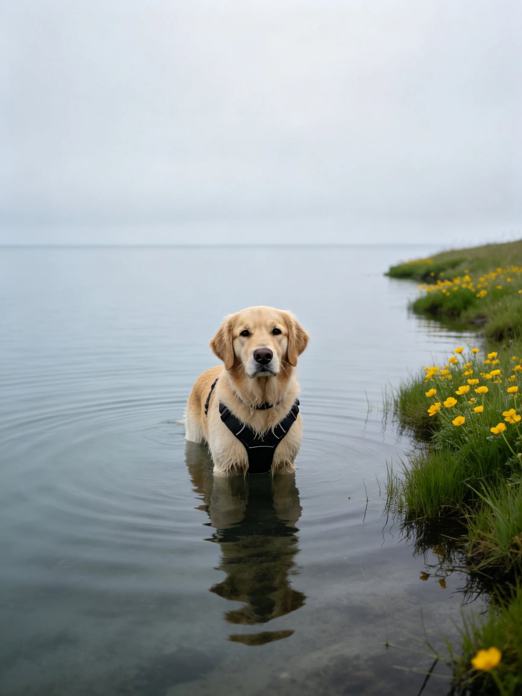 Golden retriever wades in calm water by flowered shore