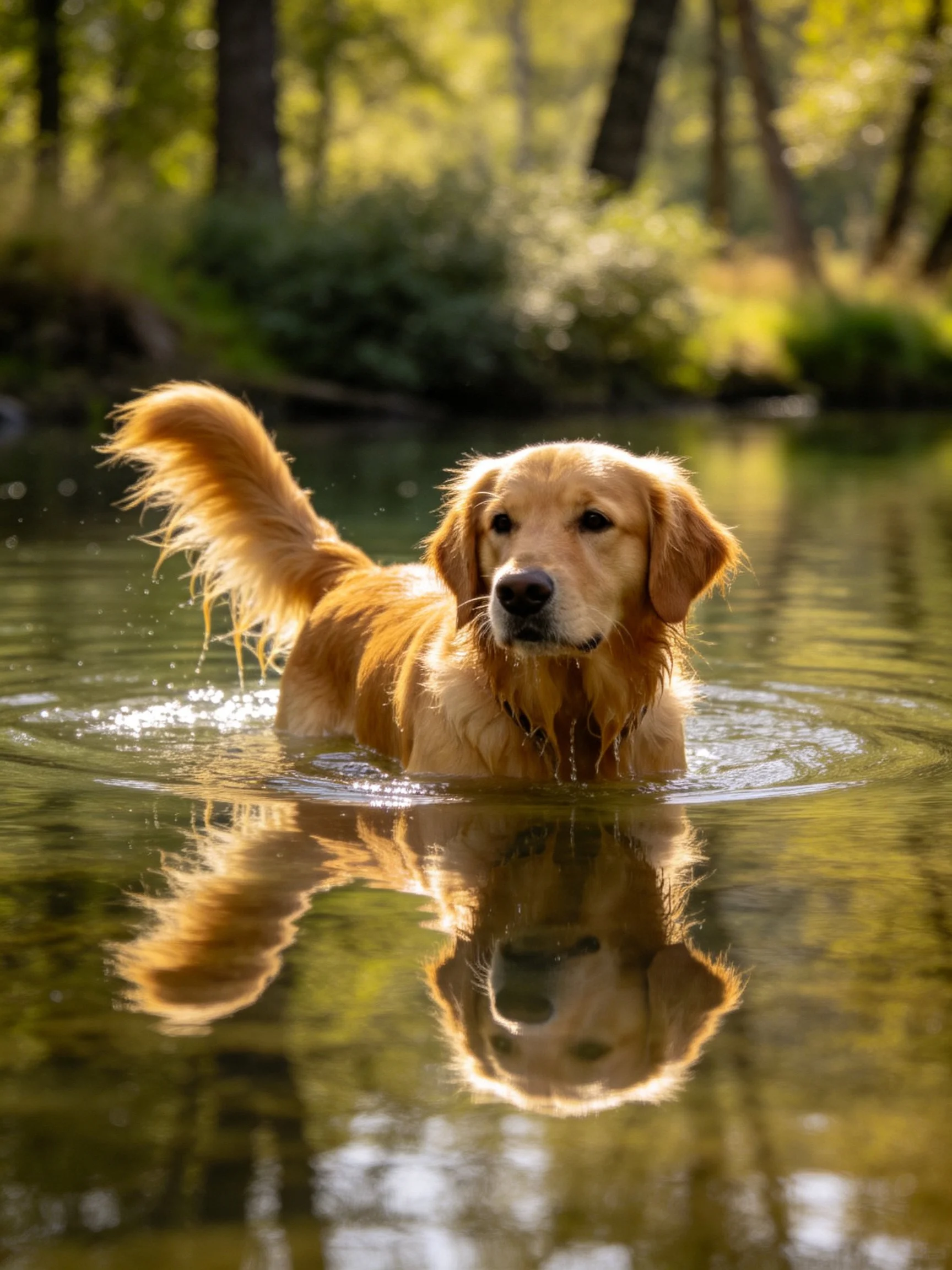 Golden retriever wading in calm, reflective water near forest