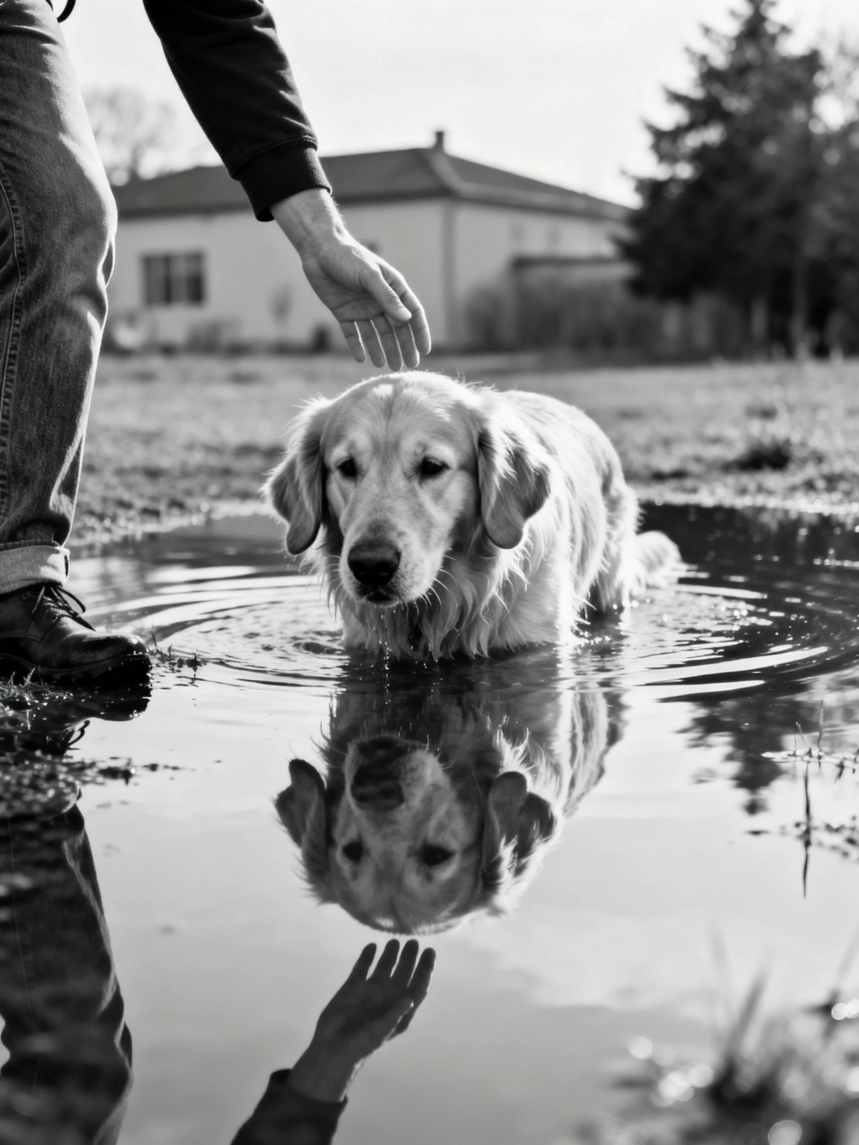 Golden retriever wading in puddle with human hand reaching, black and white reflections