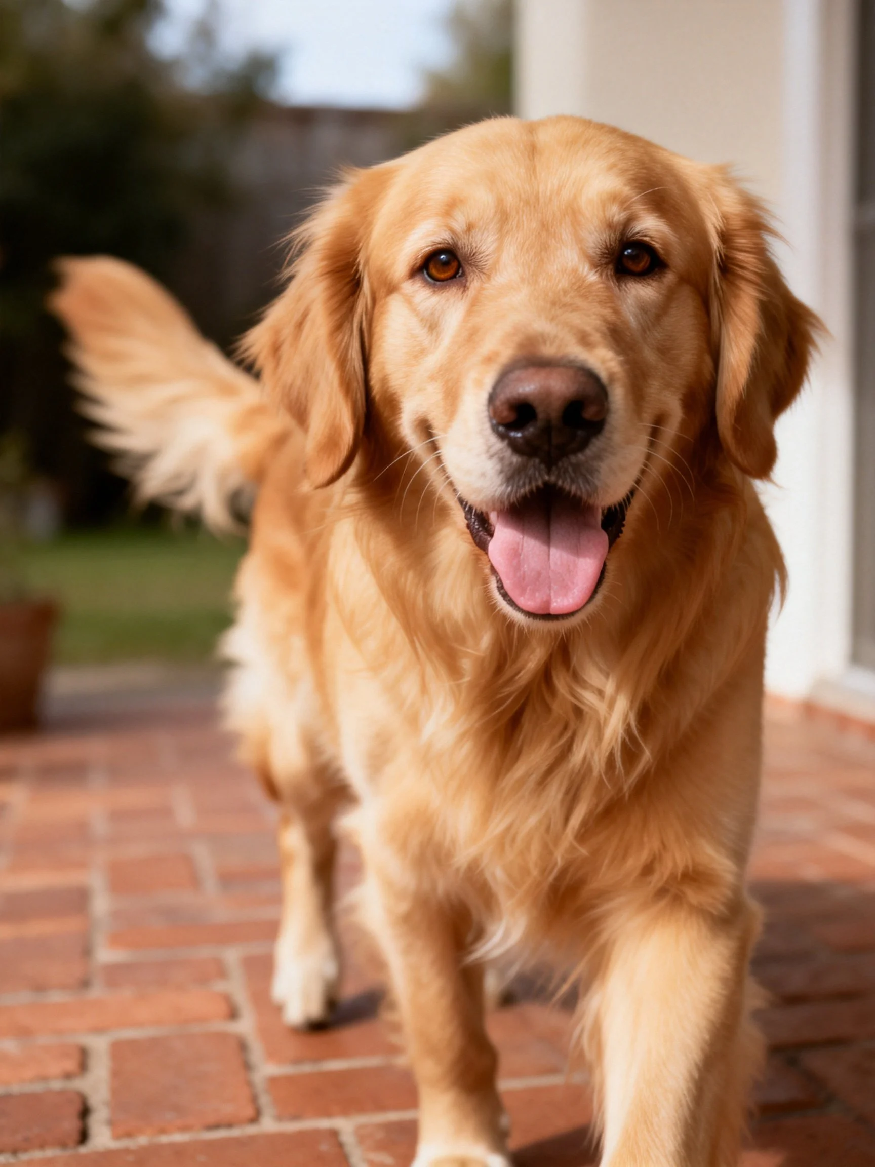 A golden retriever walks forward on a brick-paved area in sunny weather.