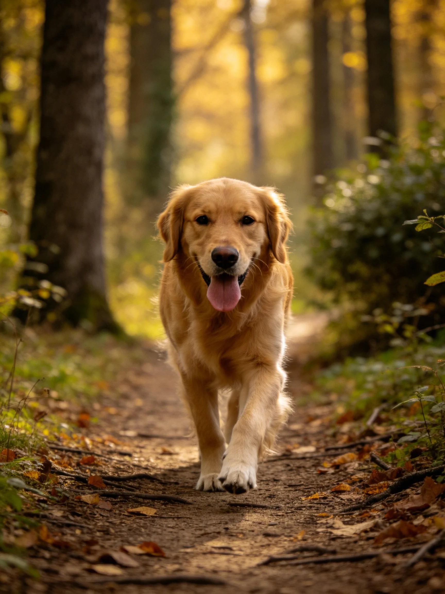 Golden retriever walking on a leaf-strewn forest path with warm lighting