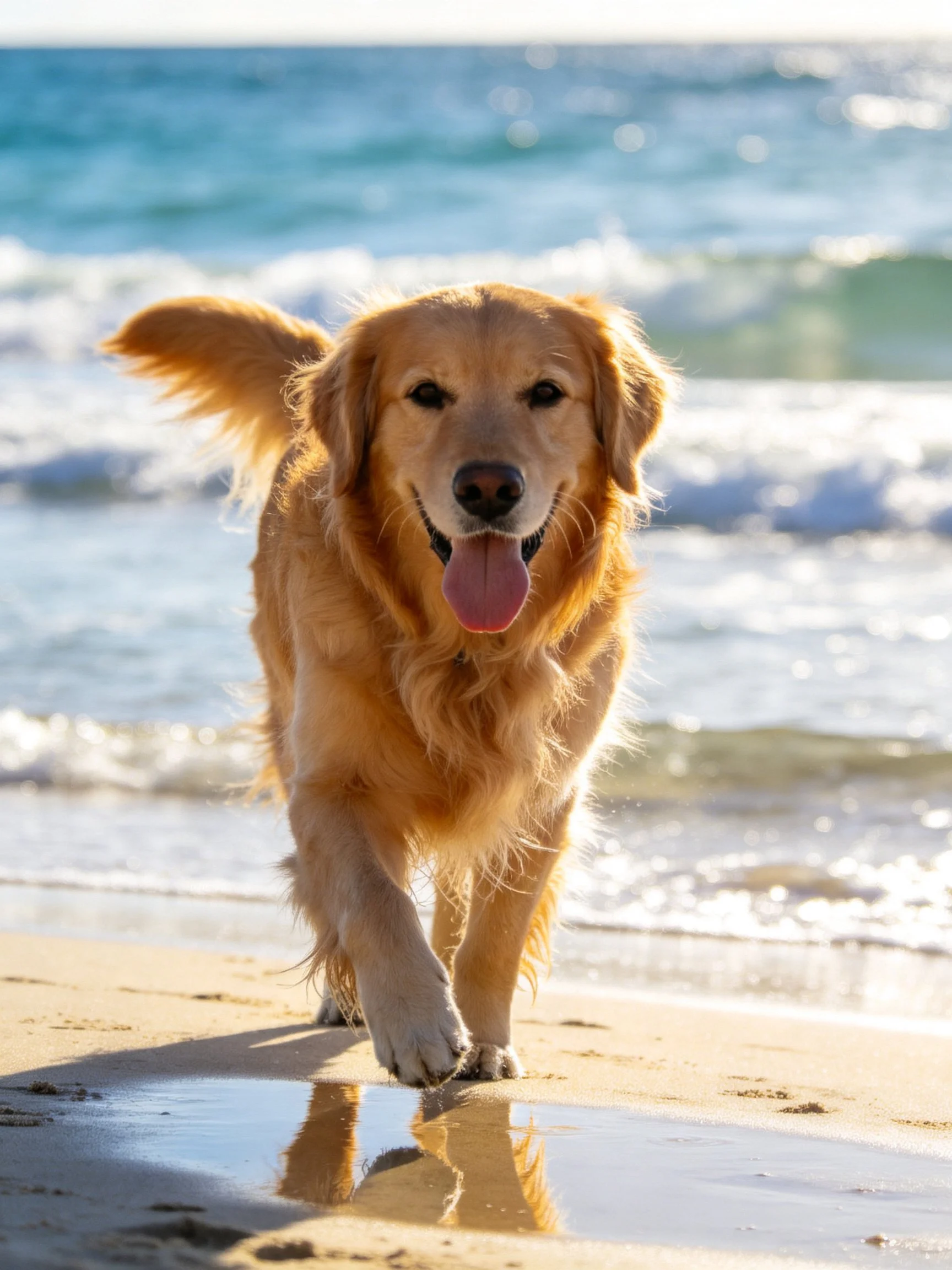 Golden retriever walking on sandy beach near ocean