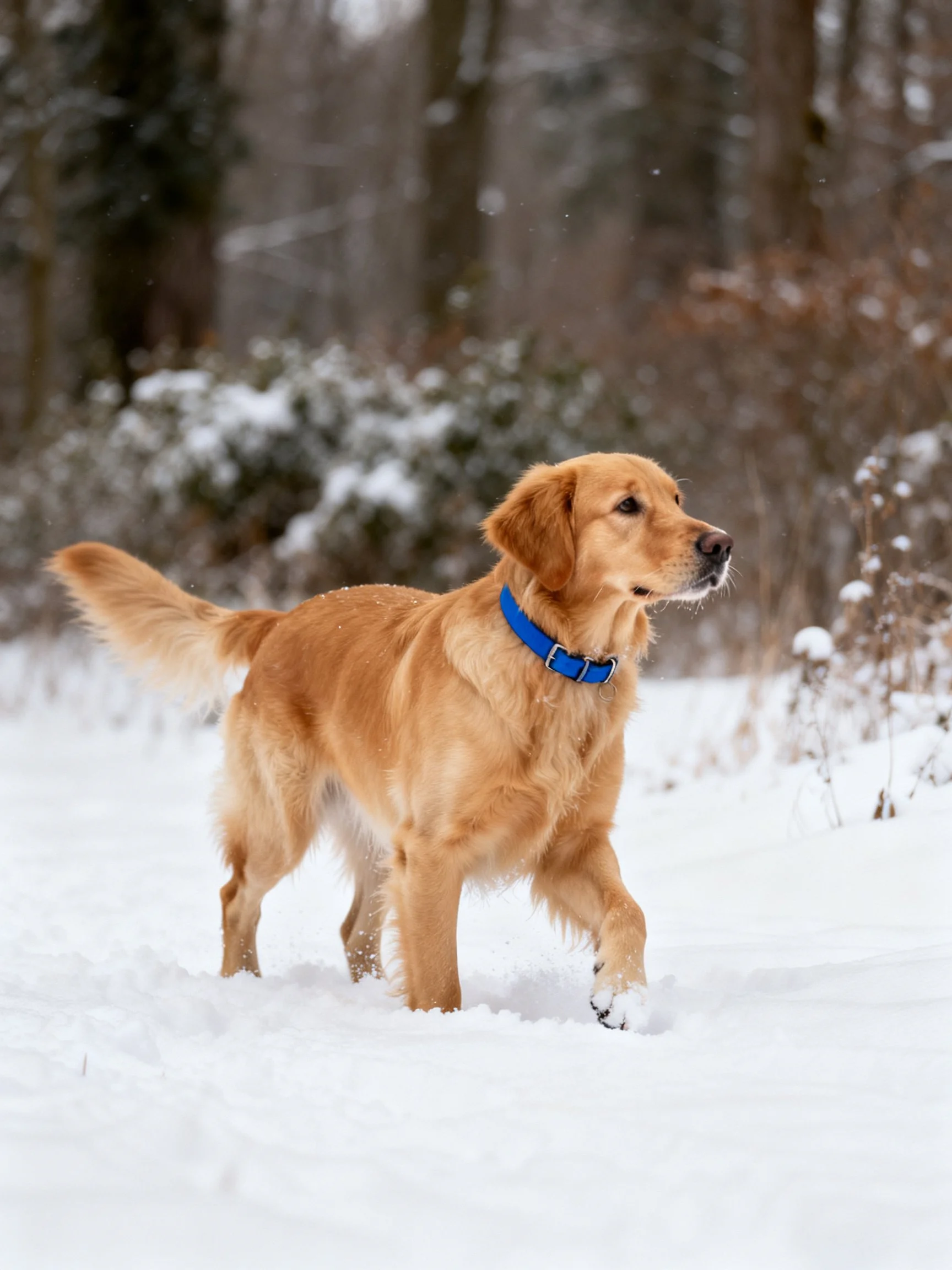Golden retriever walking through snowy forest landscape