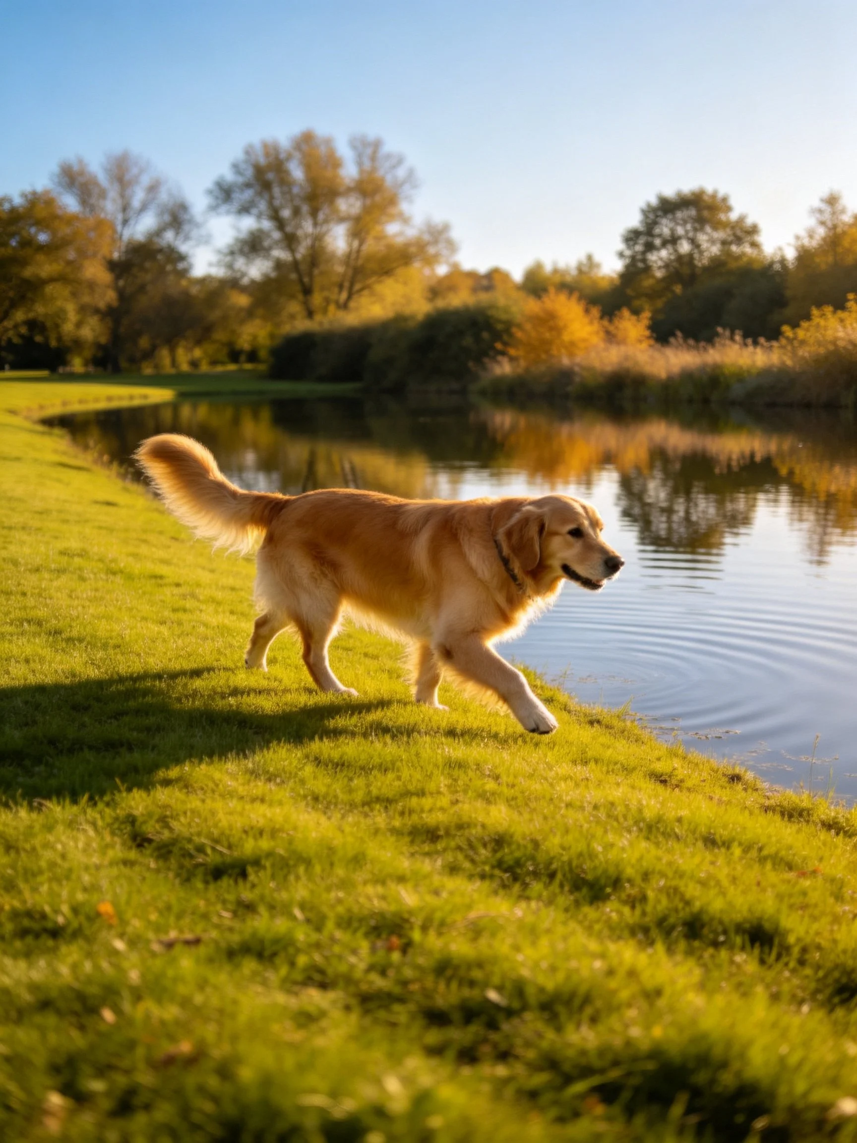 A golden retriever strolls alongside a pond amid autumn scenery