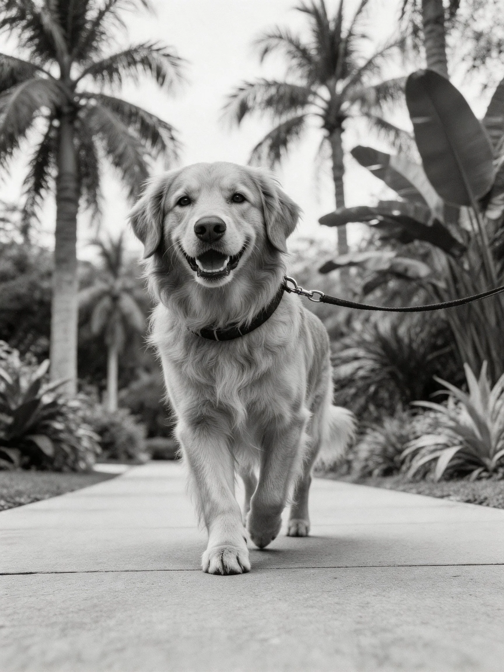 Golden retriever walks on paved path near tropical vegetation