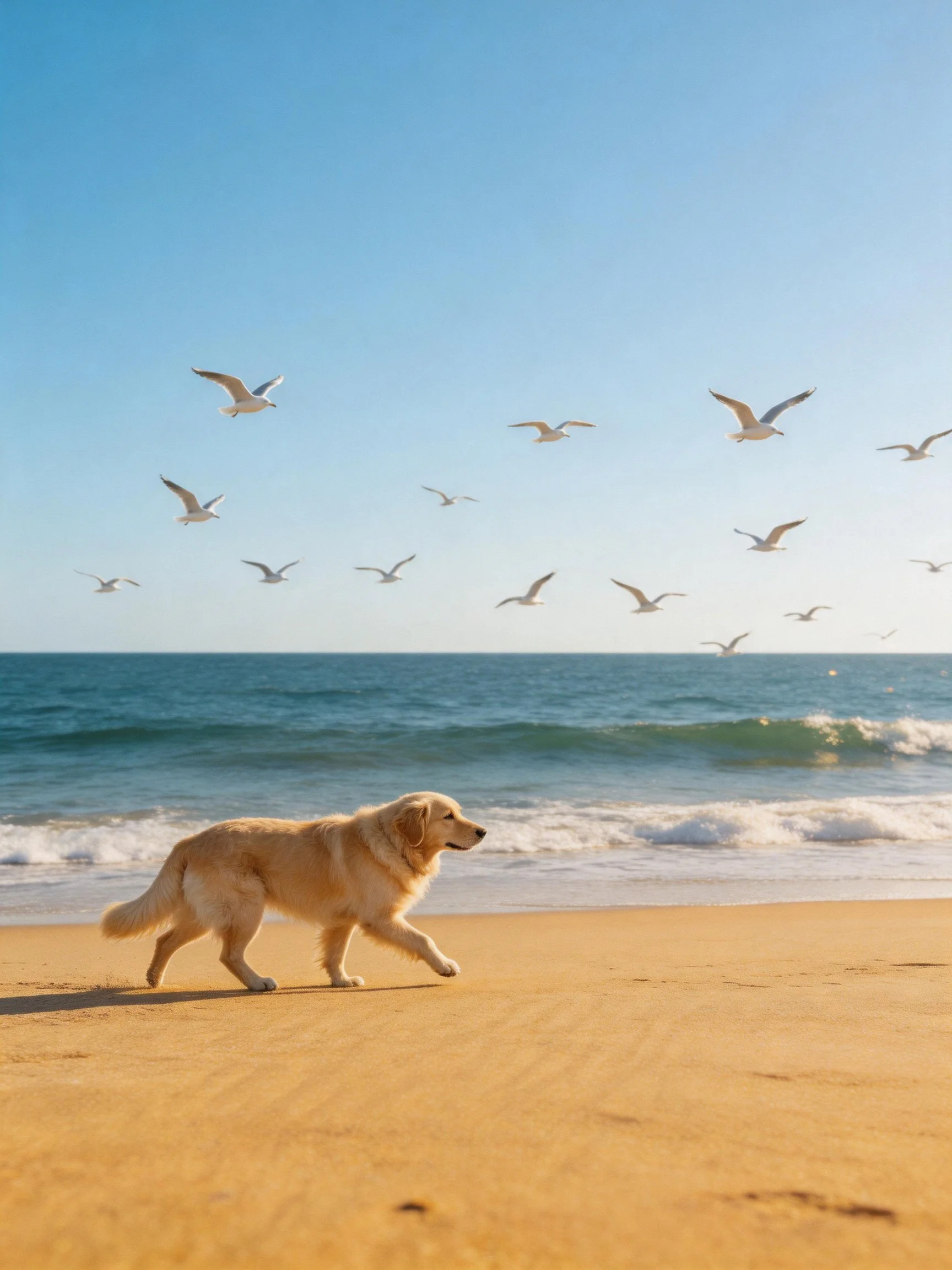 A golden retriever strolls along a sandy beach with seagulls flying above the ocean.