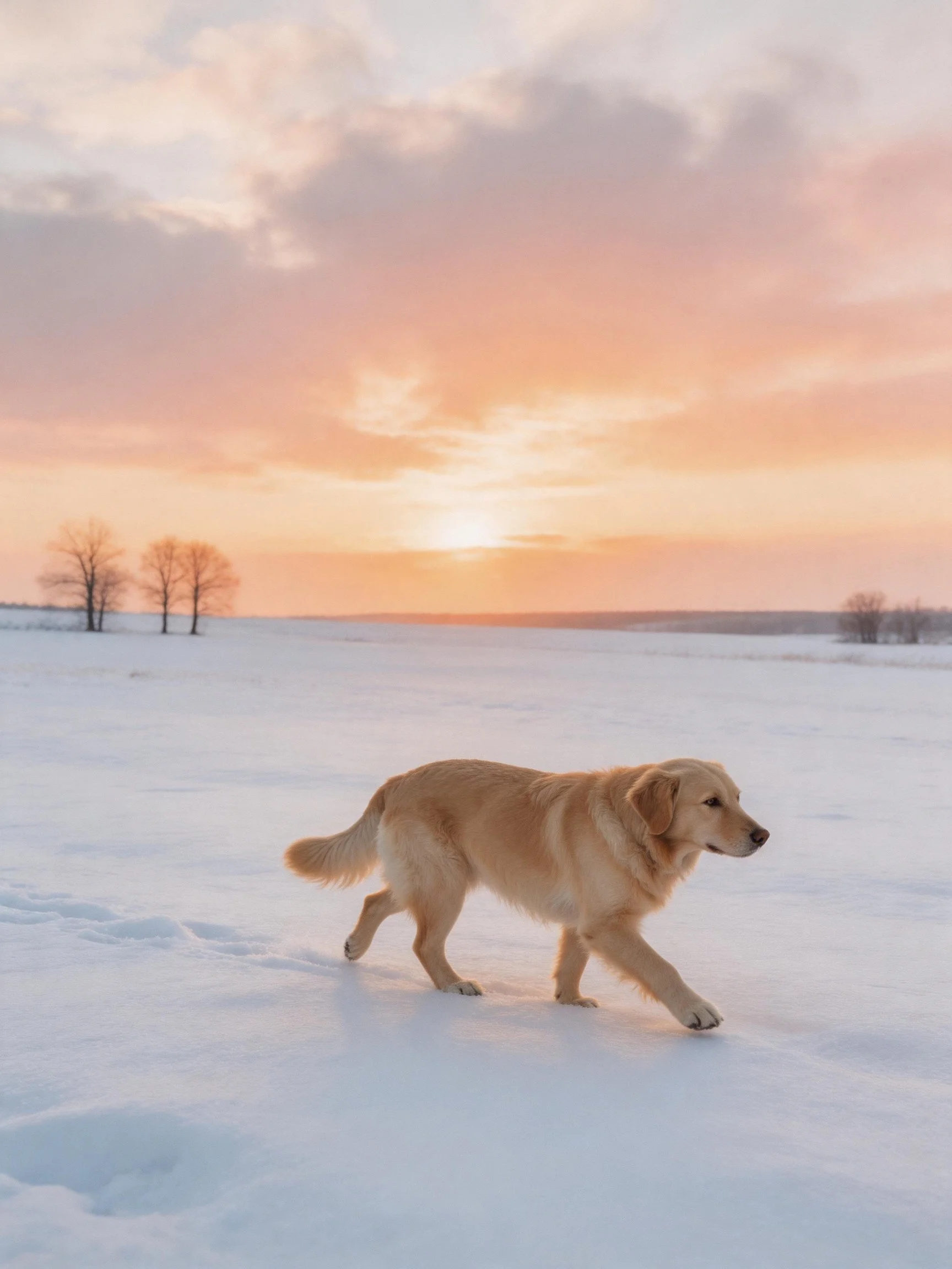 A golden retriever walks across a snowy field during a sunset.