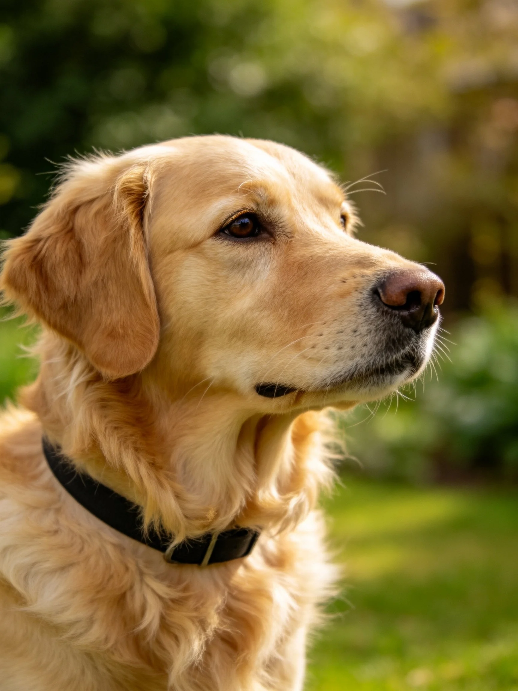 A golden retriever with a black collar stands in a sunlit garden.