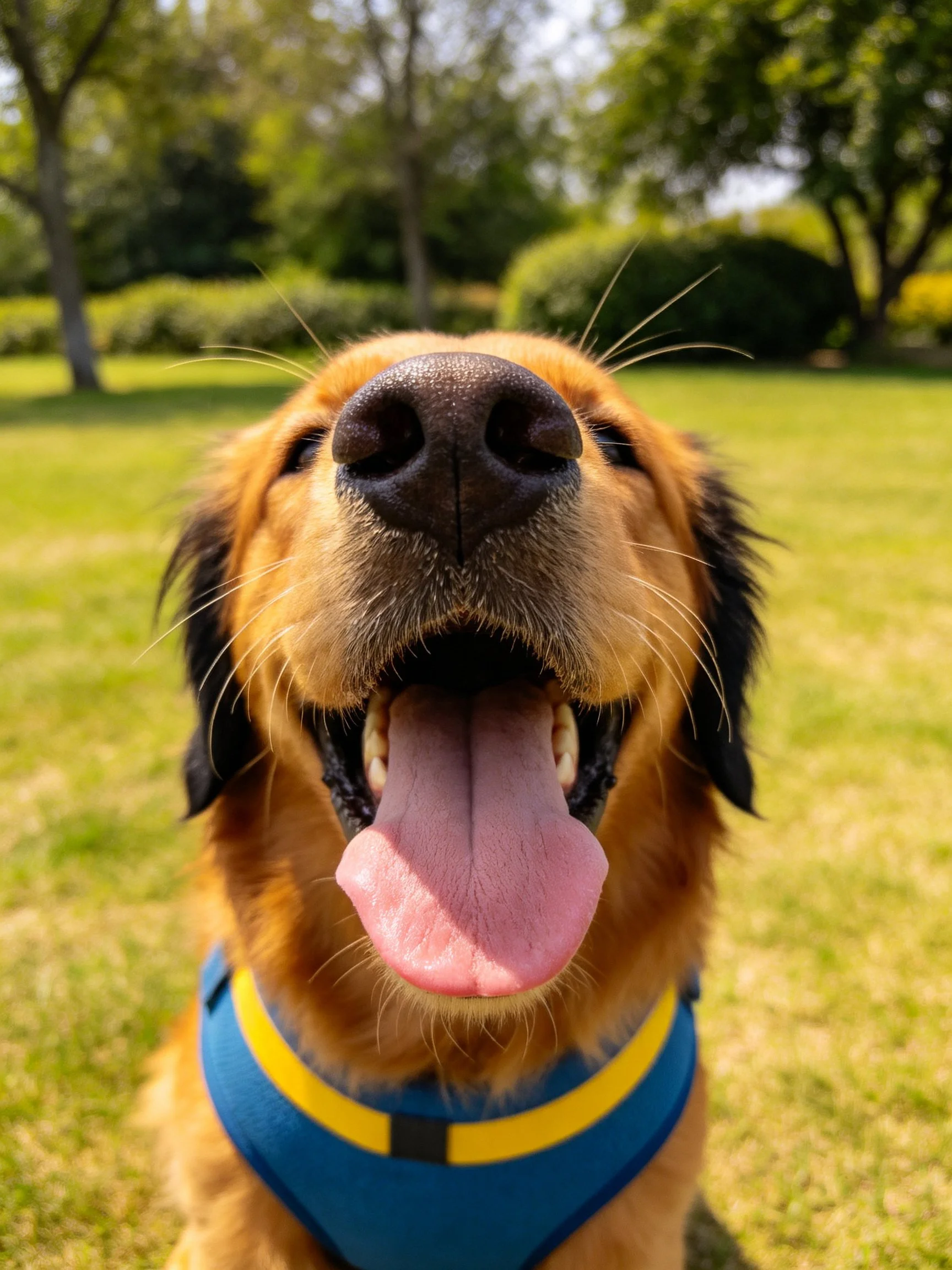 Golden retriever in blue harness pants happily in sunny park.