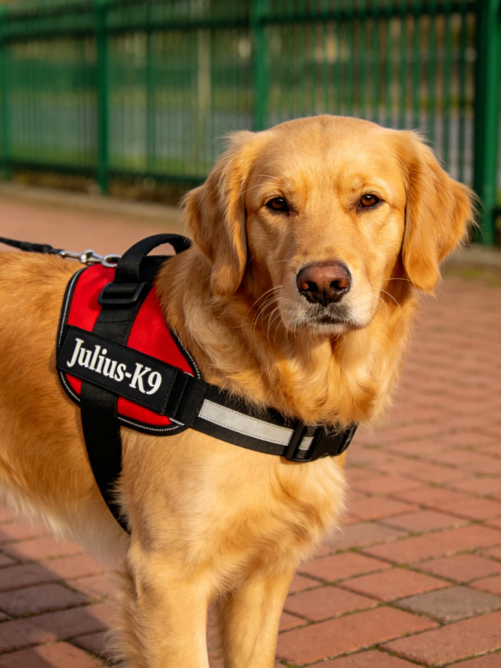 A golden retriever stands on a brick-paved area while wearing a red Julius-K9 harness.