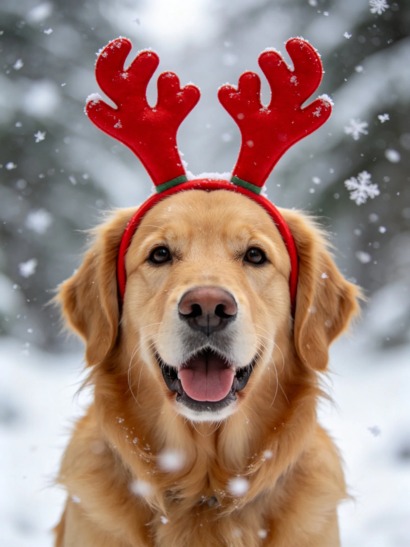 Golden retriever wears red reindeer antlers amid falling snowflakes.