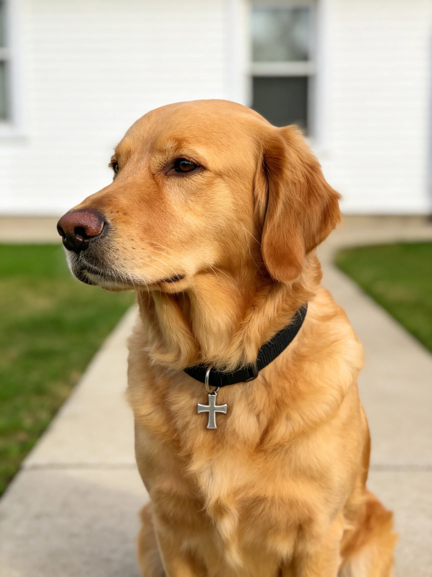 A golden retriever wearing a black collar with a cross pendant sits outside near a house.