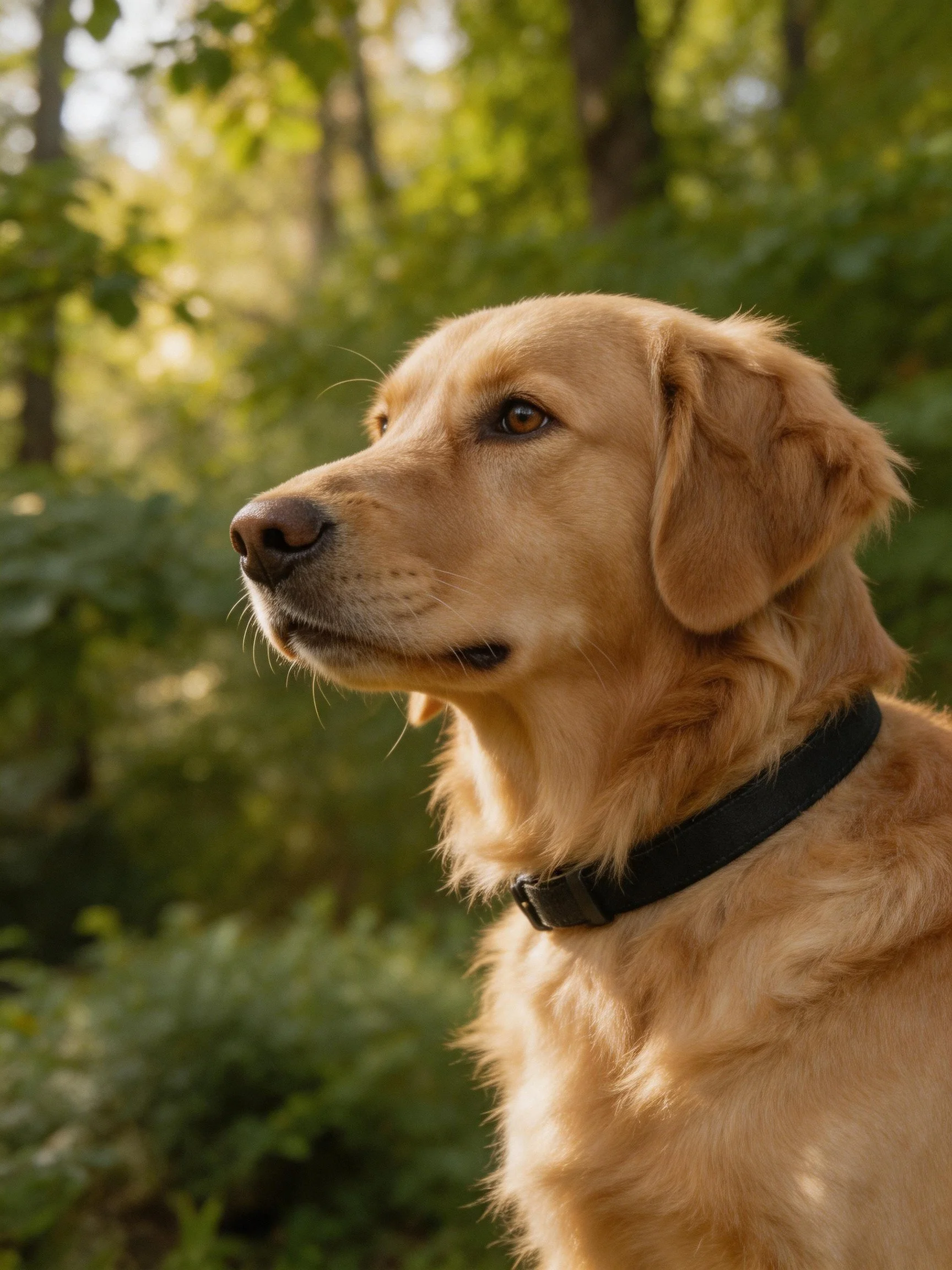 A golden retriever with a black collar stands in a sunlit wooded area.