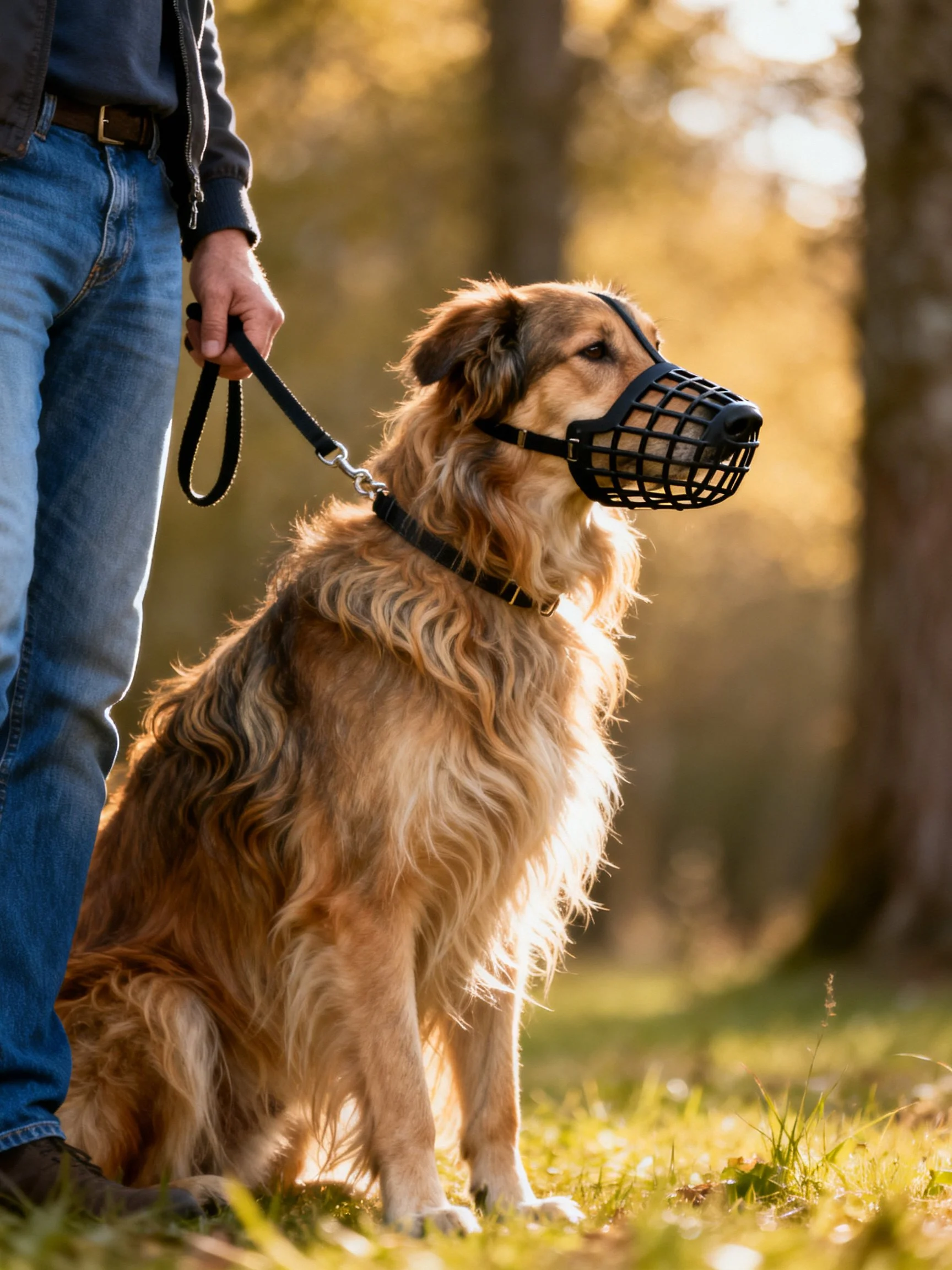 A golden retriever wearing a muzzle sits calmly next to a person holding a leash in an outdoor setting.