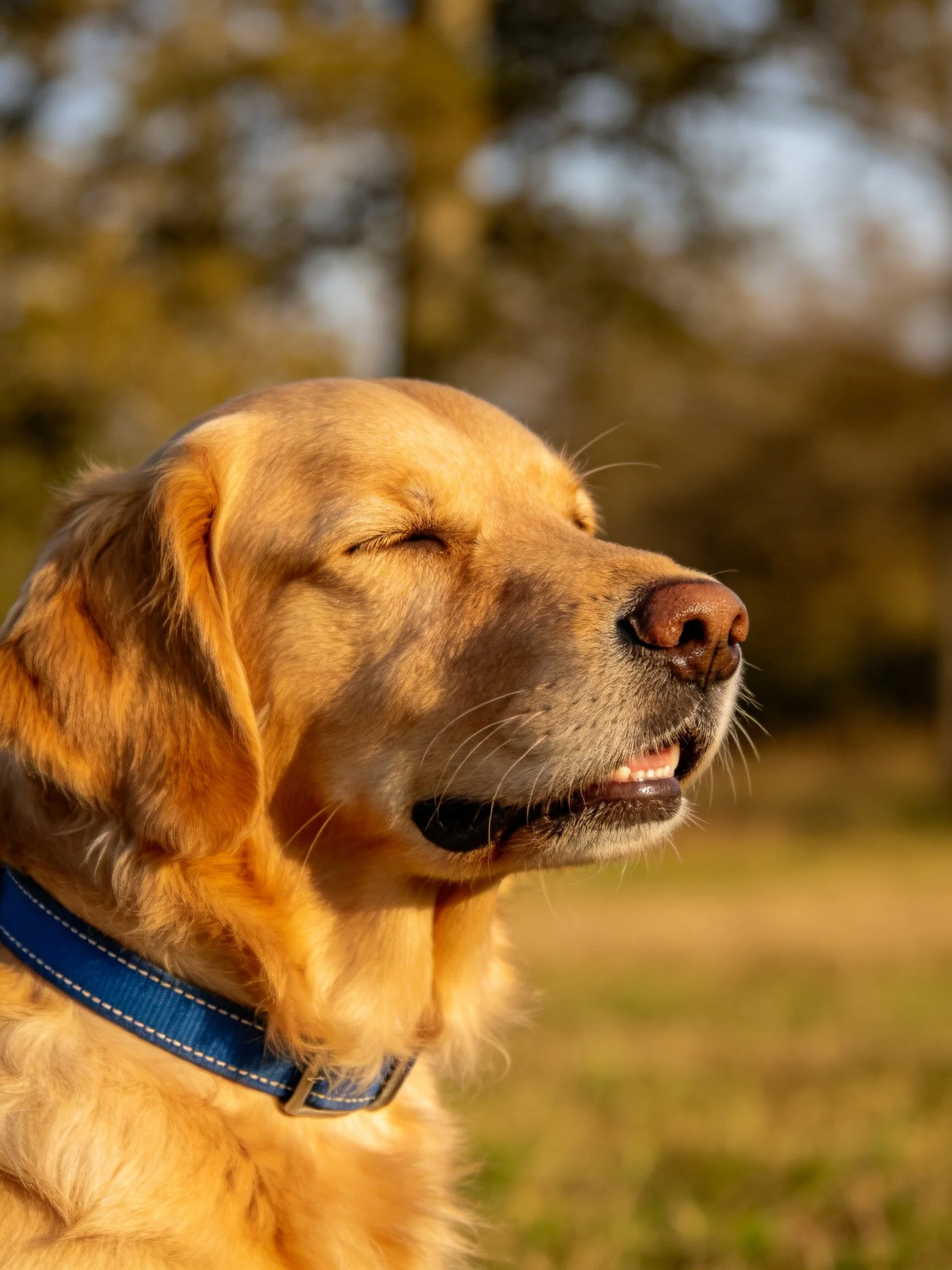 A golden retriever with a blue collar relaxes outdoors with eyes closed.