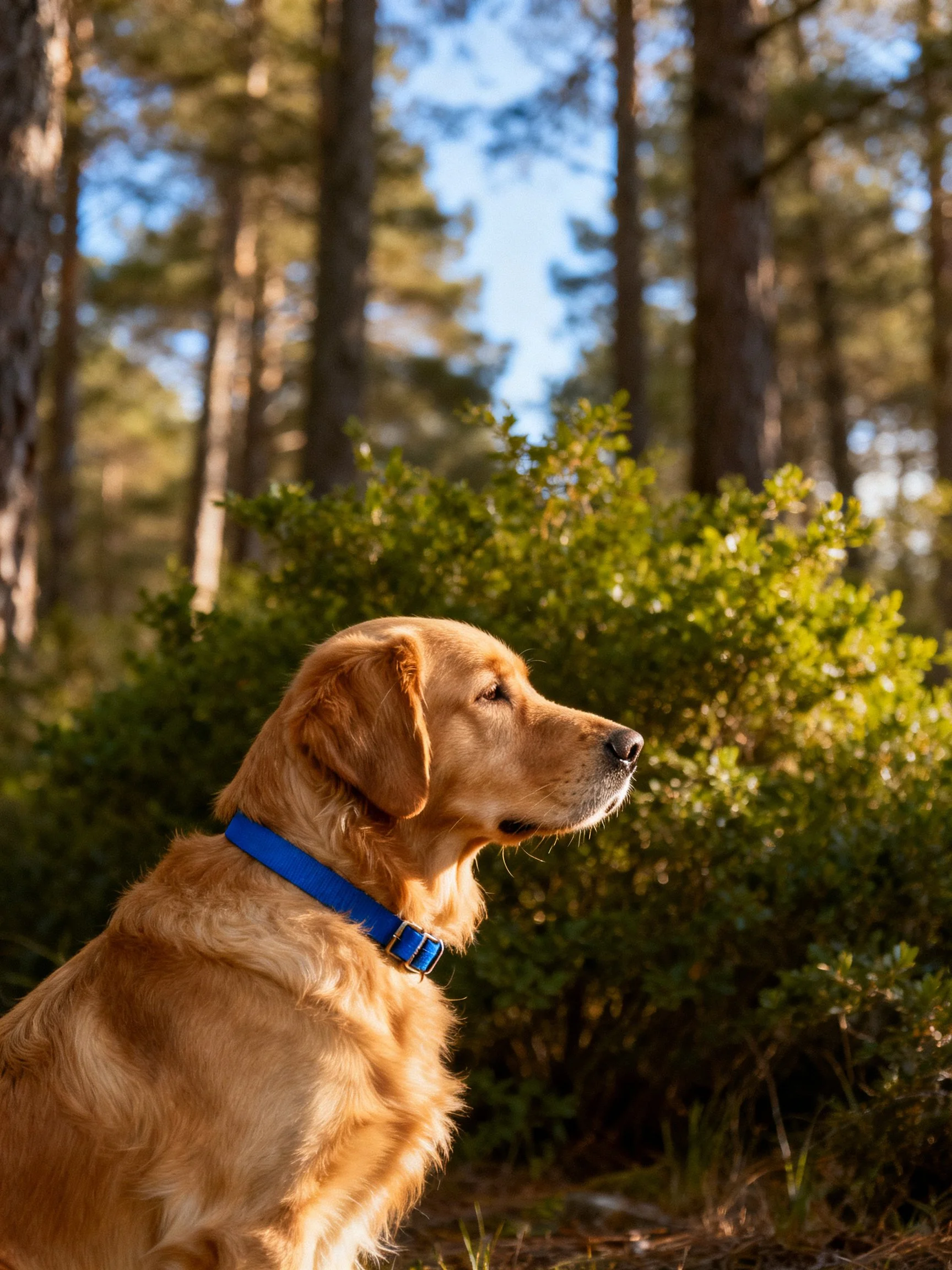 Golden retriever with blue collar in sun-dappled forest